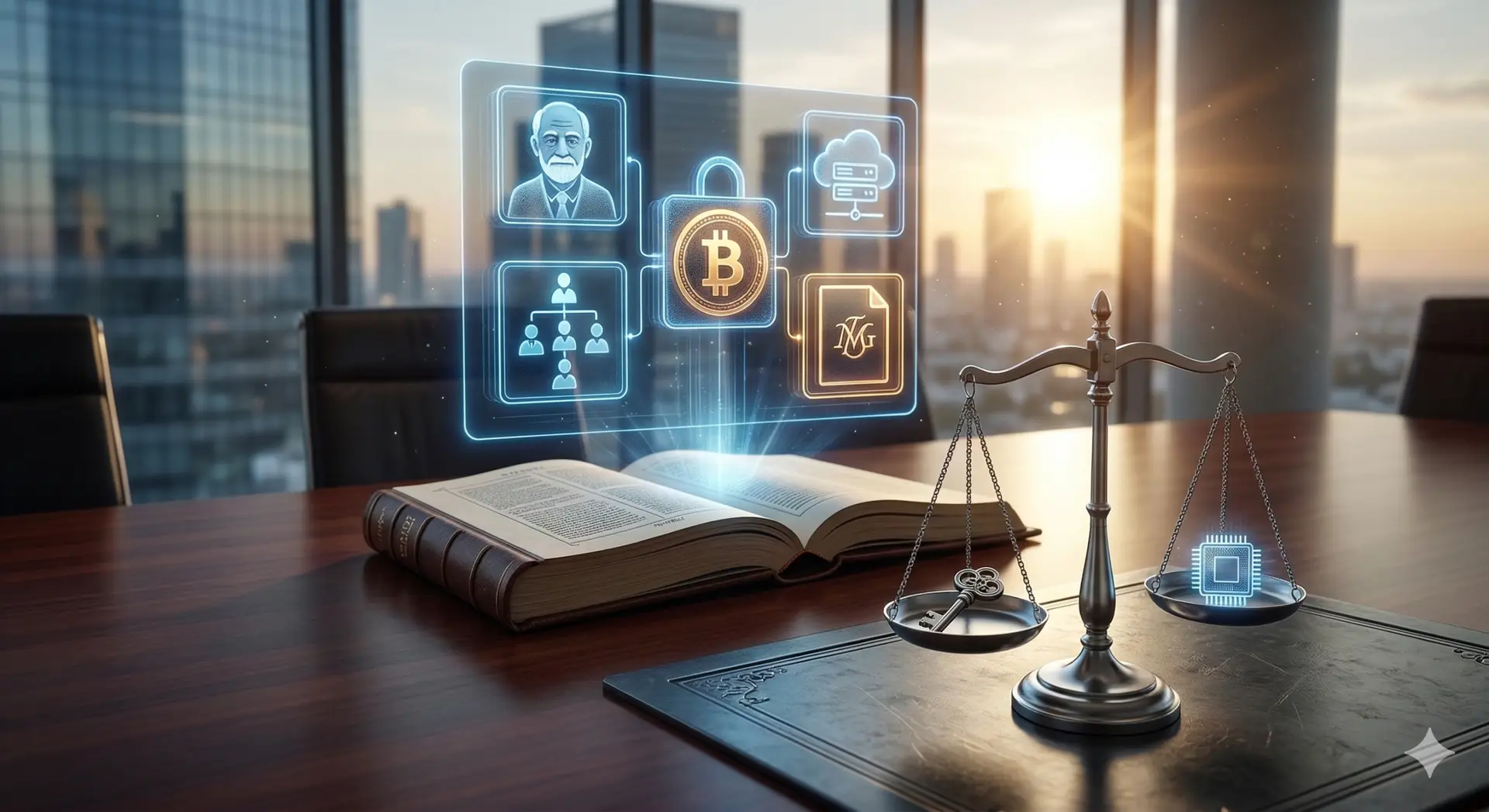 Comprehensive guide to digital will in Israel, illustrating the inheritance of cryptocurrency (Bitcoin), cloud data, family tree, and social media assets in 2026, with a view of Tel Aviv.