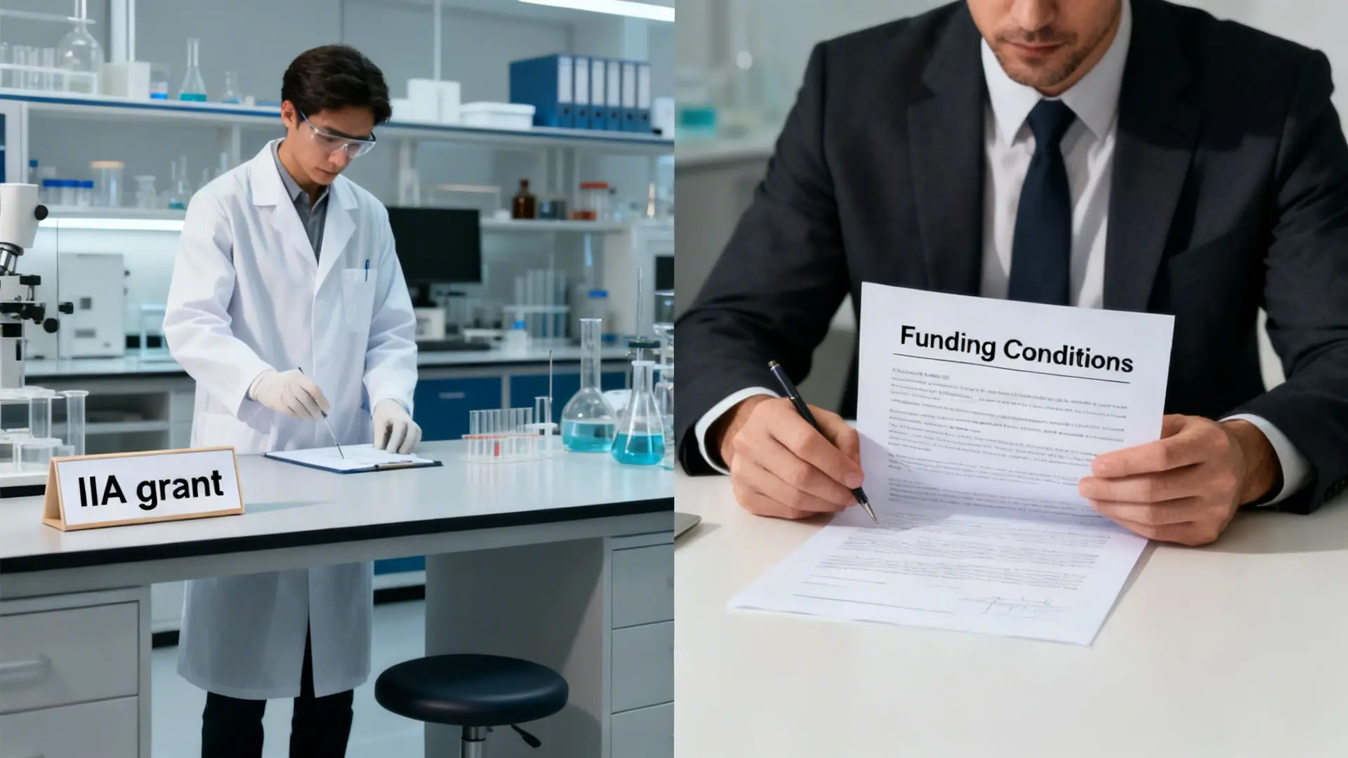 A scientist working in a lab next to an IIA grant sign, and a businessman signing funding conditions.