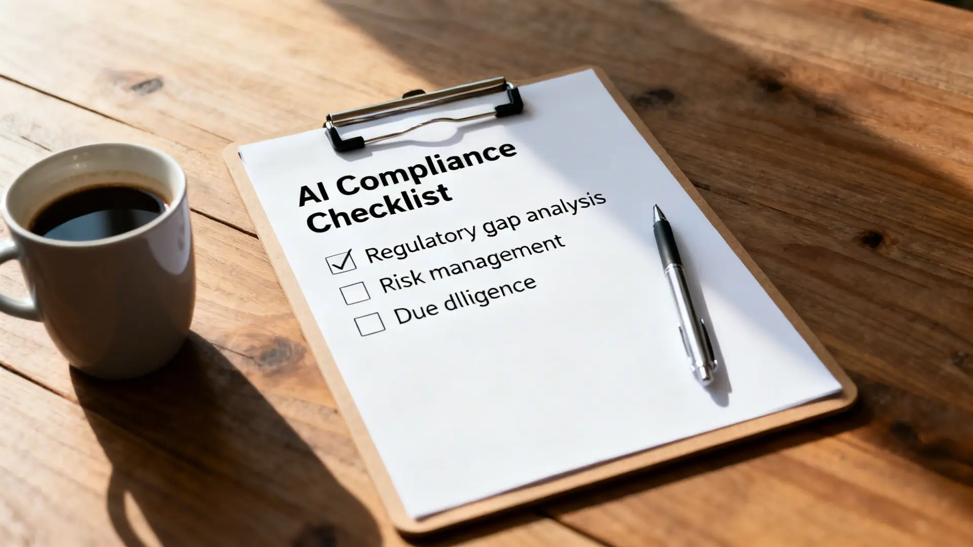 A clipboard on a wooden desk displaying an 'AI Compliance Checklist' with 'Regulatory gap analysis' checked.