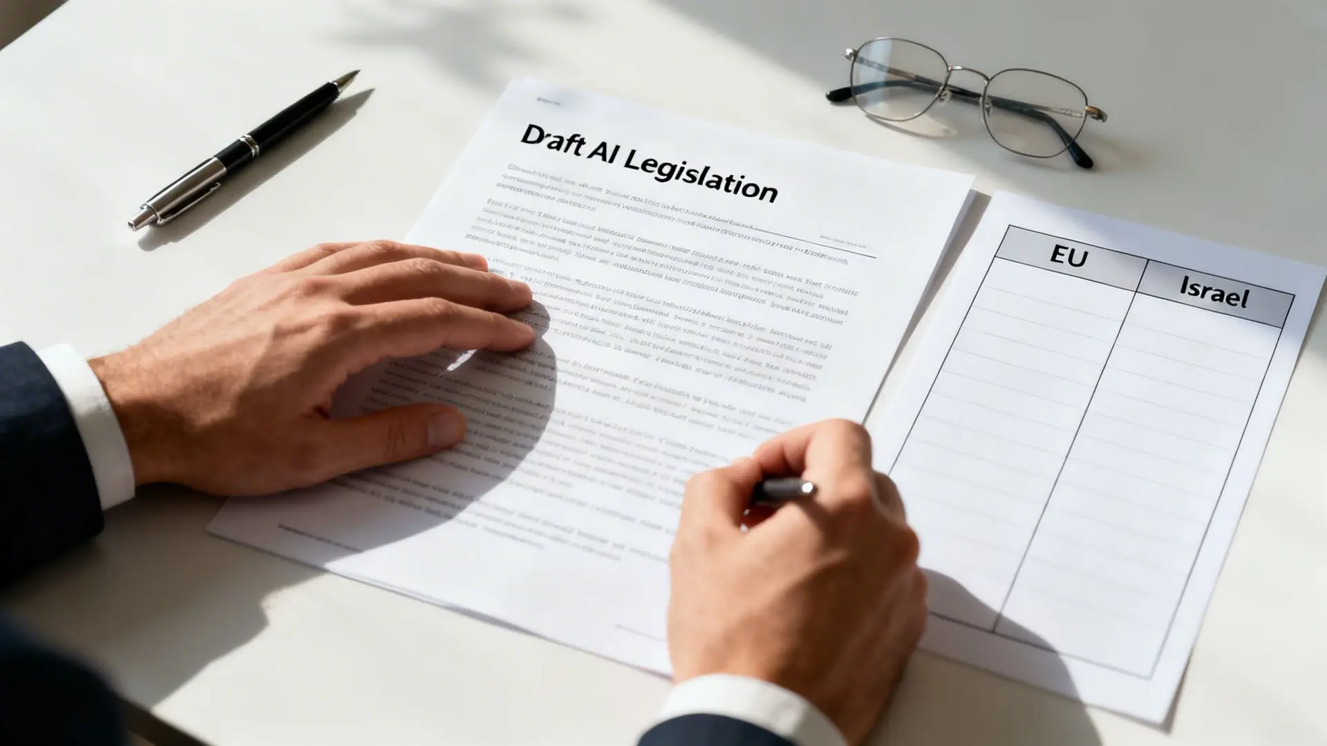 A person's hands reviewing 'Draft AI Legislation' documents and a comparison table for EU and Israel.