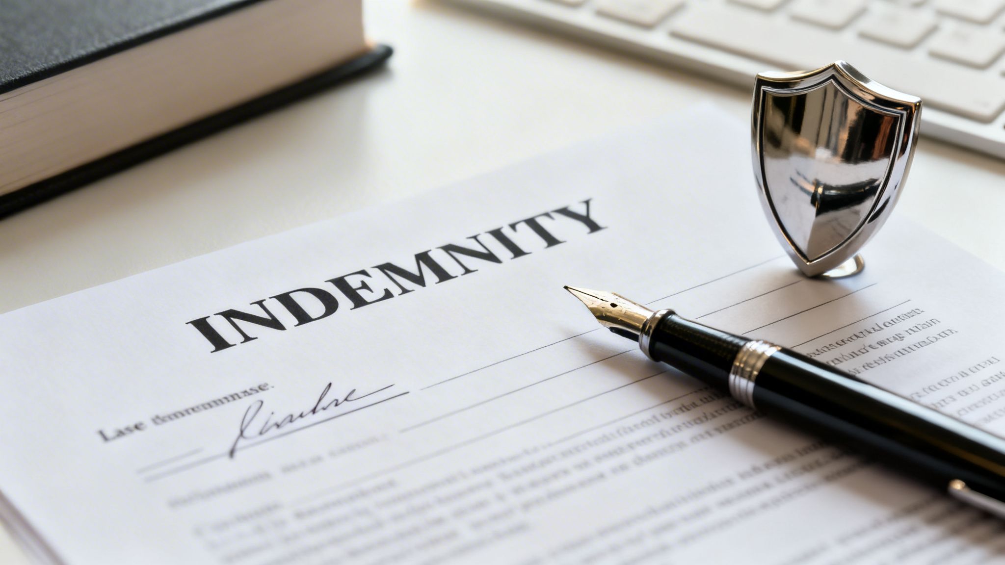 An indemnity document with a fountain pen, a shiny silver shield, and a legal book on a desk.