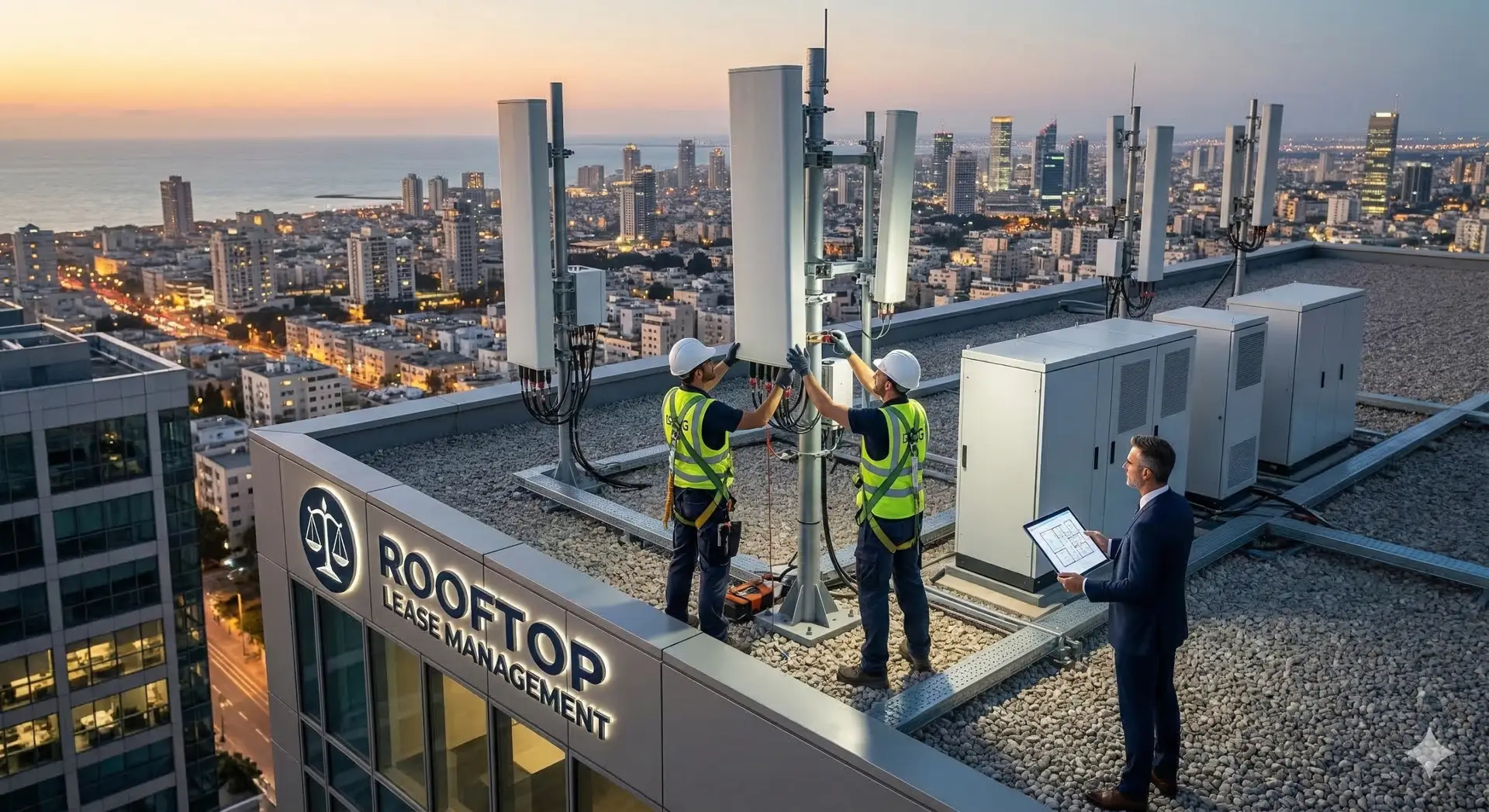 Two technicians install 5G cellular antennas on a commercial roof. Legal professional reviews plans. This complex cellular antenna lease highlights property value and health risks in 2026.