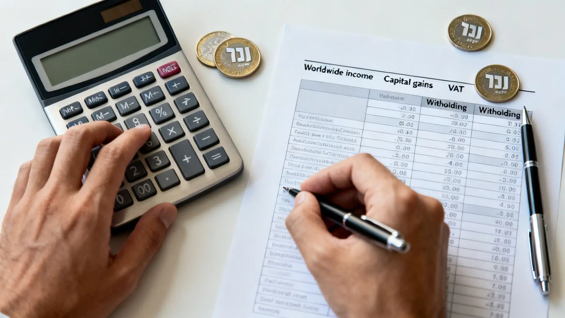 Person calculating finances on a calculator while writing on a tax form with Israeli shekel coins.
