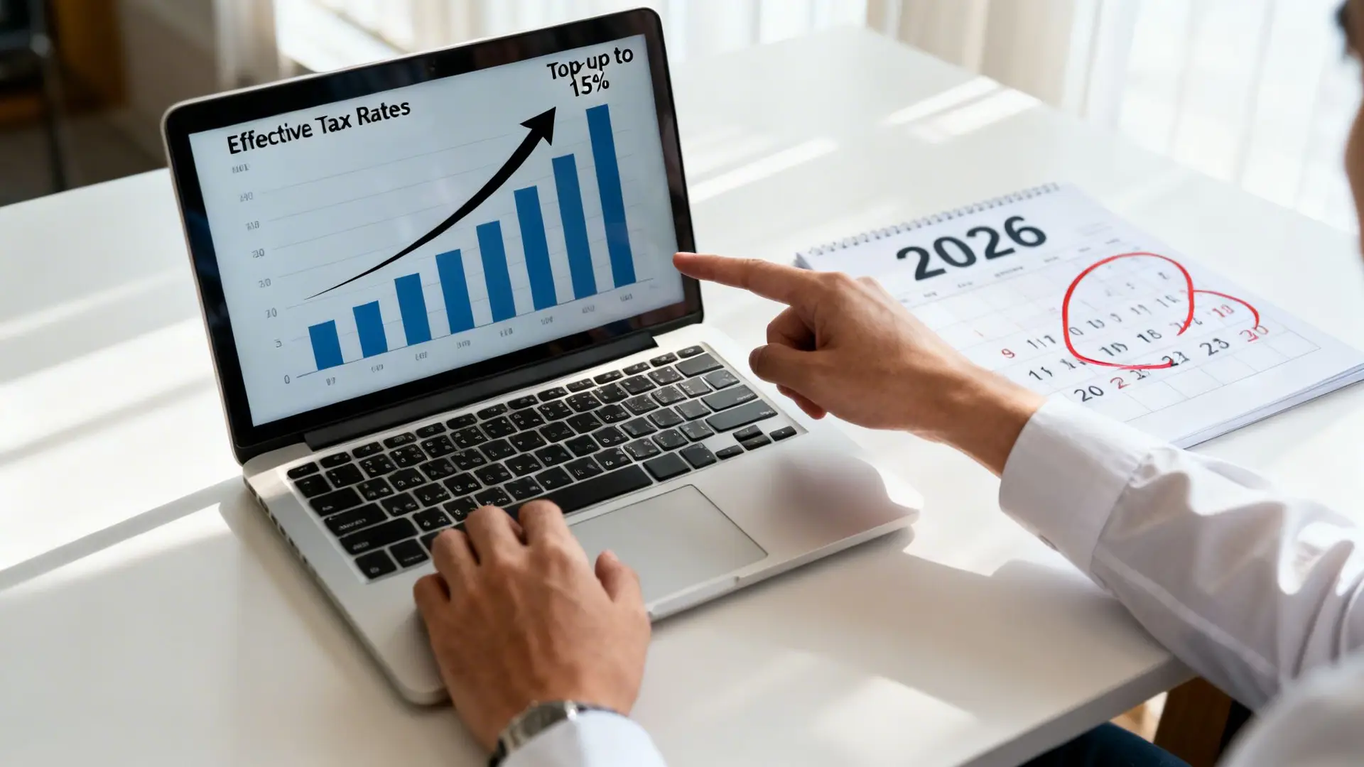 Person analyzing effective tax rates on a laptop, showing an upward trend of up to 15%, with a 2026 calendar marked.