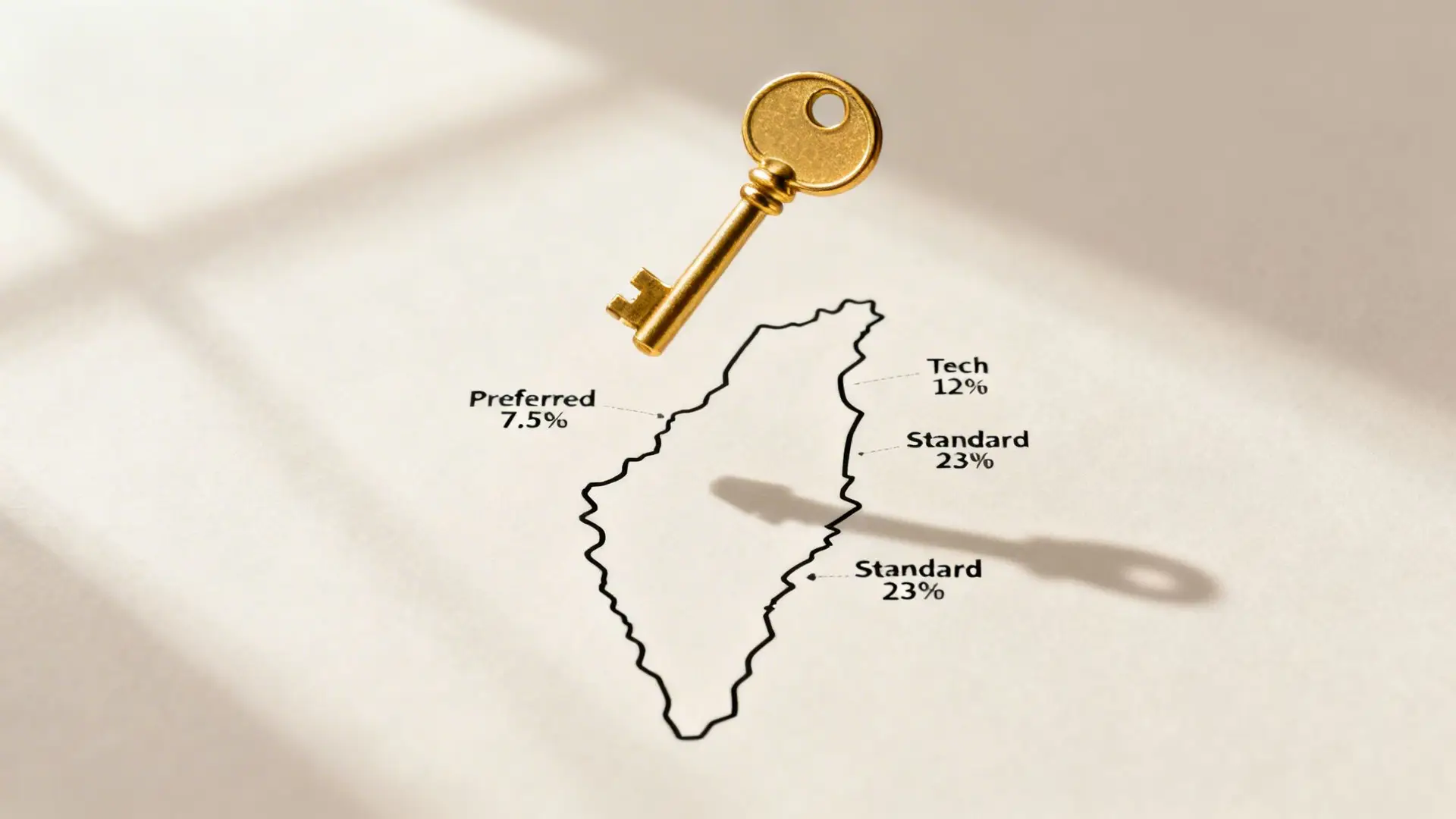 Golden key floating above a map outline showing Preferred 7.5%, Tech 12%, and Standard 23% rates.
