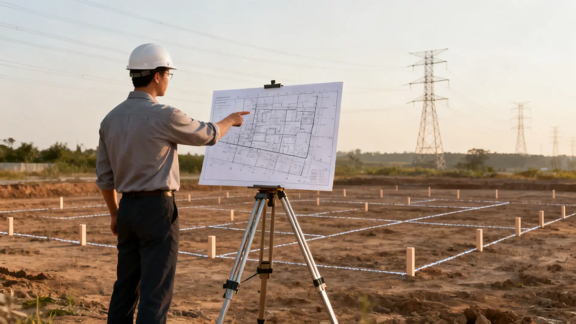An engineer in a hard hat points to a blueprint on a tripod at a construction site.