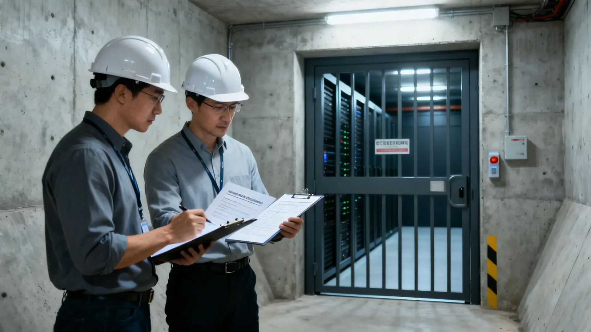 Two engineers in hard hats inspect documents outside a data center server room.