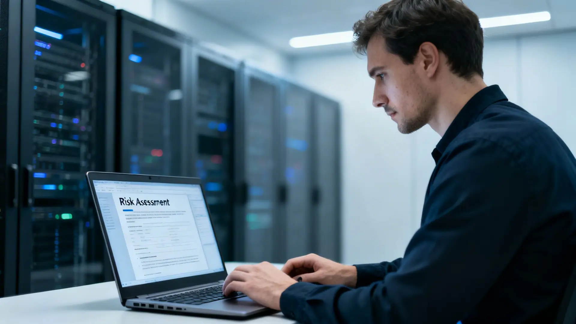A man performs a risk assessment on a laptop in a modern data center with server racks.