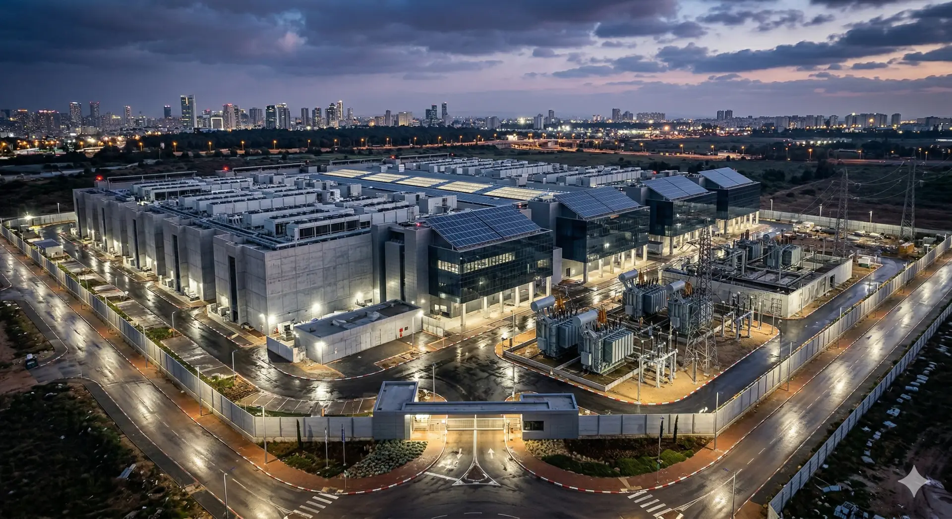 Aerial view of a modern hyperscale data center facility in Israel with high-voltage power substations and solar infrastructure during twilight