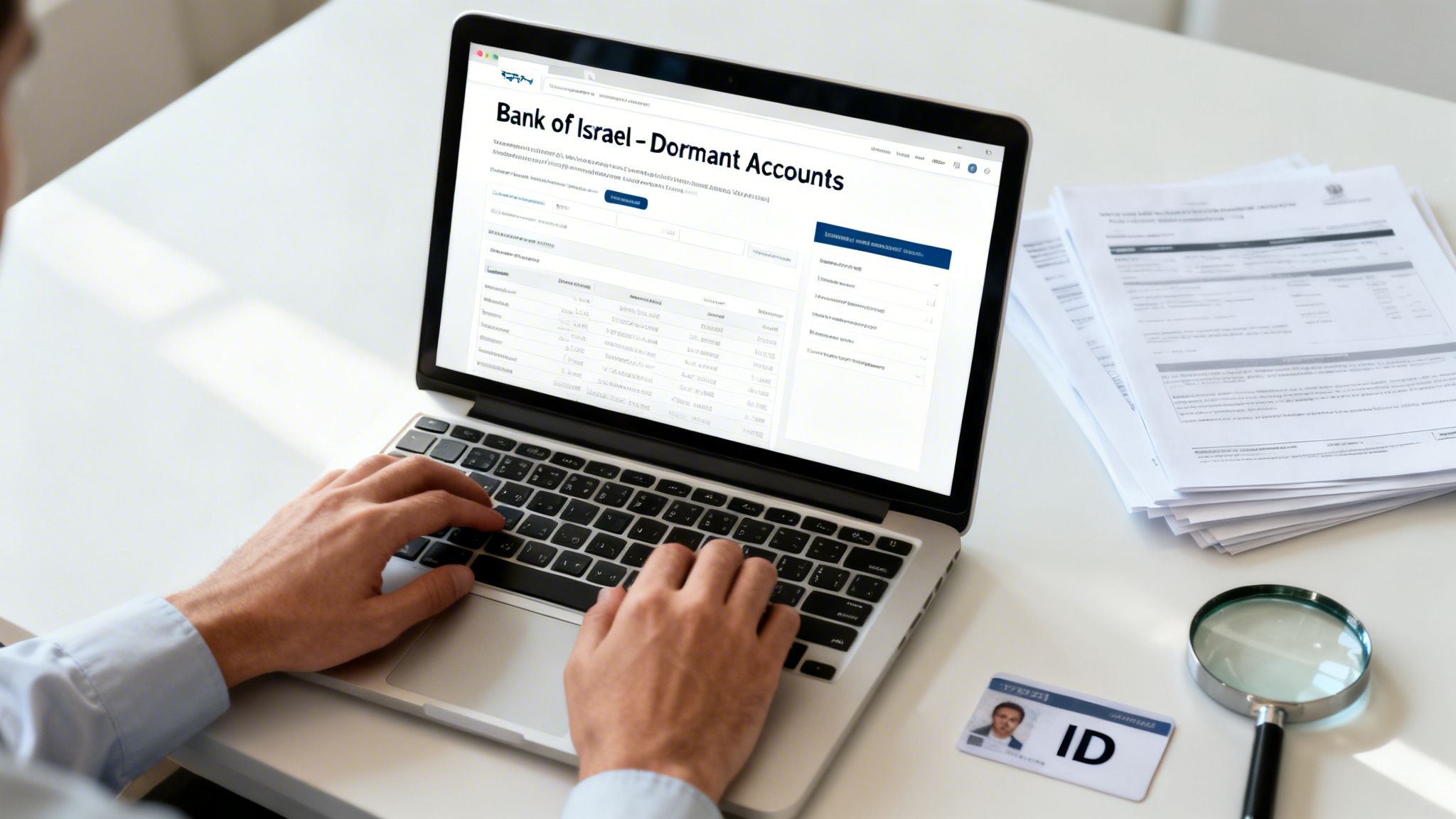 A person uses a laptop to search for dormant accounts on the Bank of Israel website, with an ID and documents nearby.