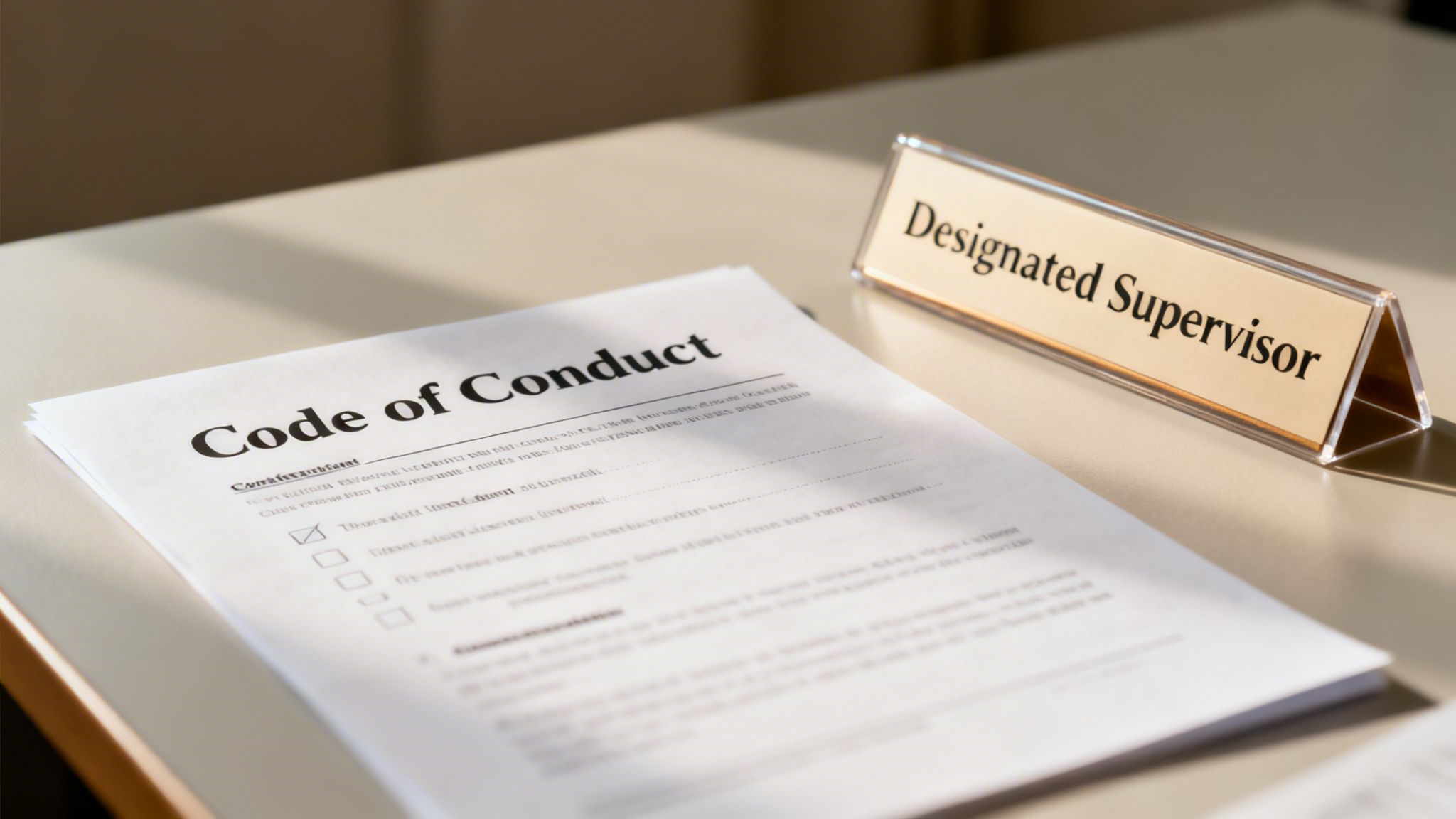 A Code of Conduct document lies on a desk next to a 'Designated Supervisor' nameplate, under sunlight.