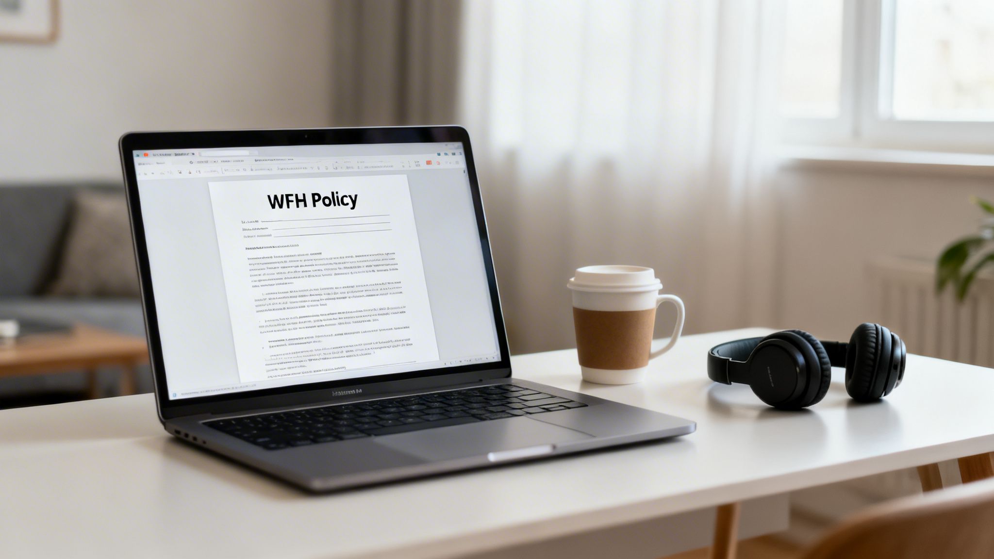 Laptop displaying a WFH Policy document, a coffee cup, and headphones on a white home office desk.