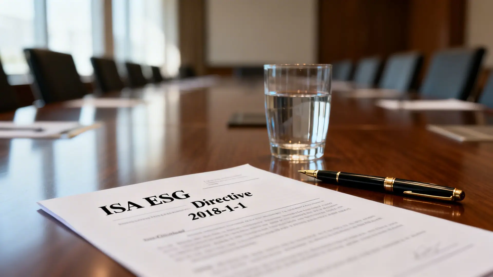 A document titled 'ISA ESG Directive 2018-1-1' with a pen and water glass on a conference table.
