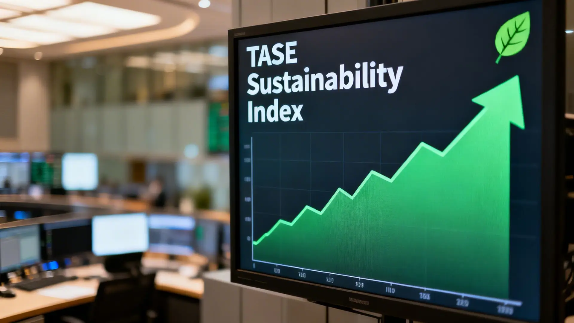 A monitor displays the TASE Sustainability Index with an upward green growth graph and leaf icon.