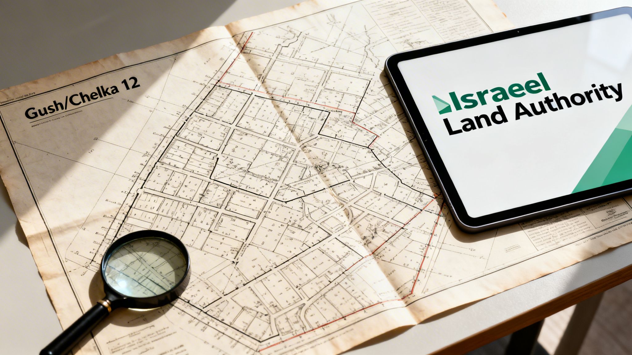 Overhead view of an old land map with a magnifying glass and a tablet showing 'Israel Land Authority'.