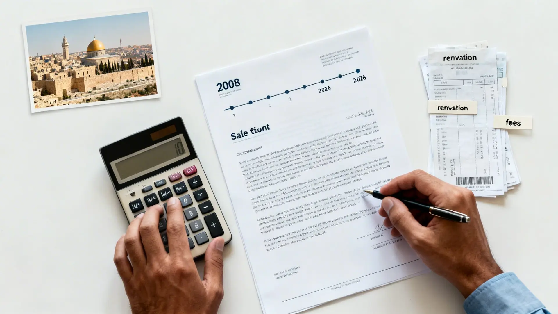 A person calculates expenses with a calculator and financial documents, with a photo of Jerusalem nearby.