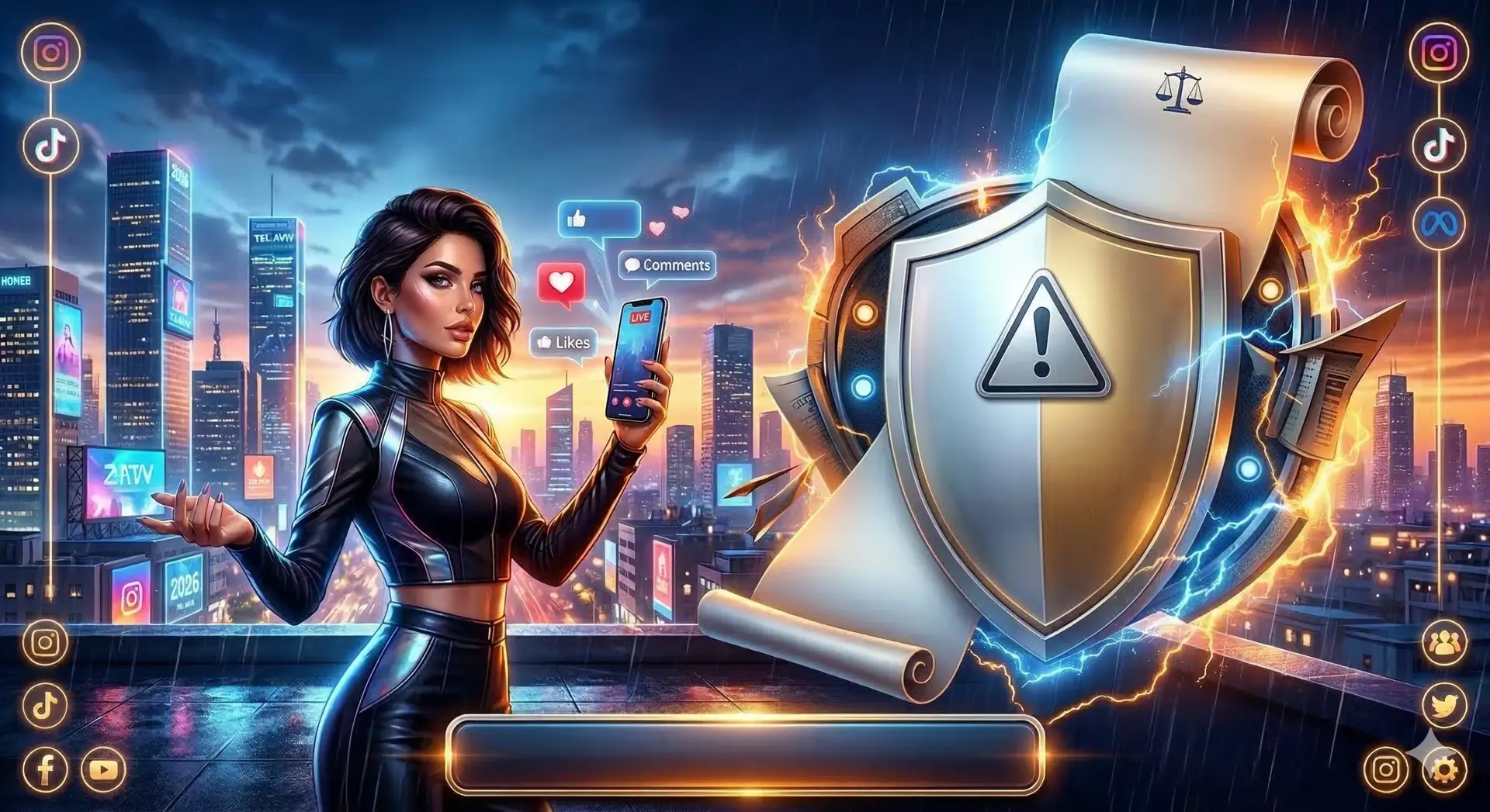 A modern female influencer in Tel Aviv holding a smartphone with live streaming icons, standing next to a glowing legal contract scroll and a liability protection shield. Represents influencer marketing regulations, proper disclosure, and brand safety in Israel.