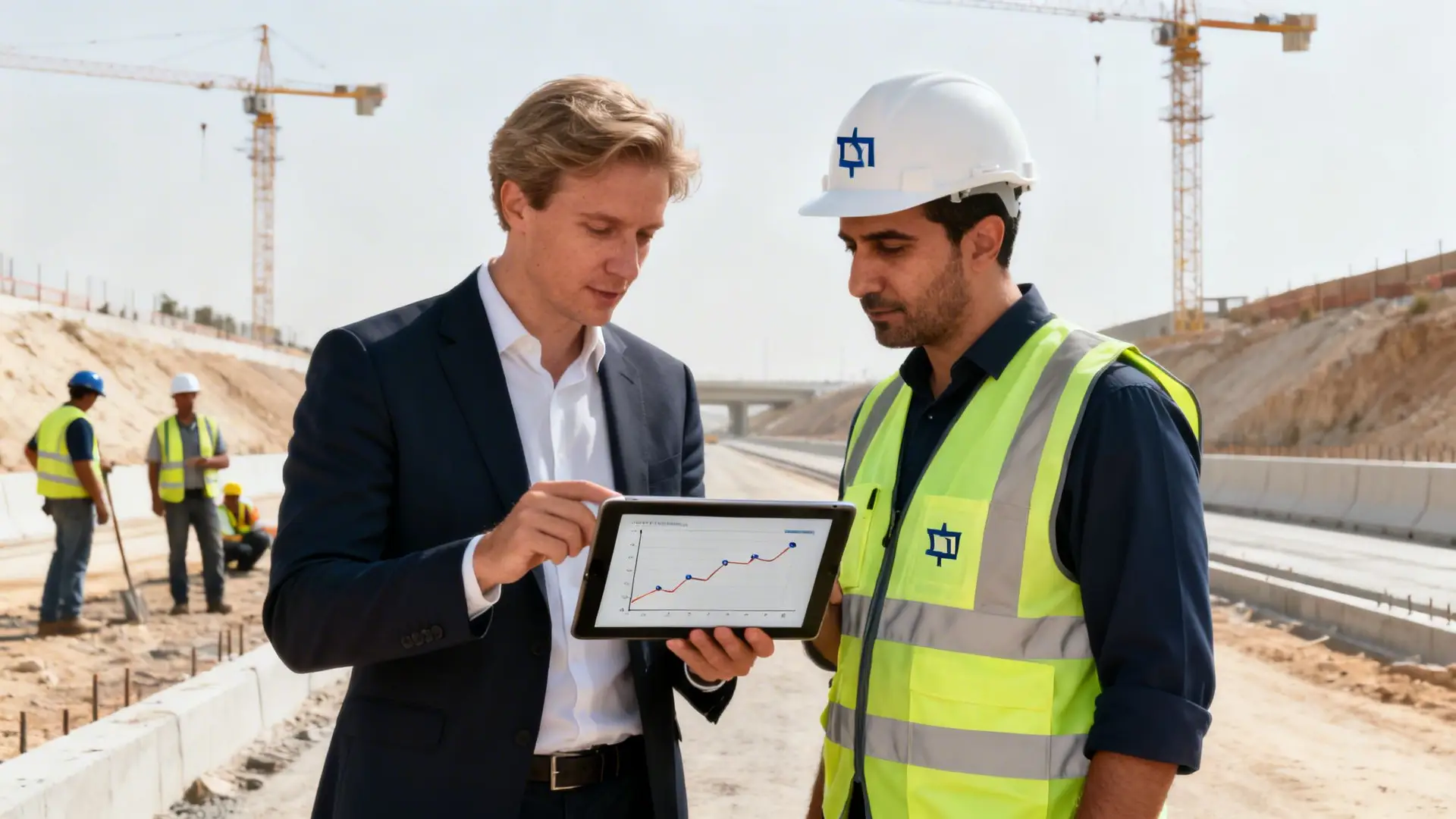 Two men, one in a suit and one in a hard hat, discuss a graph on a tablet at a construction site.