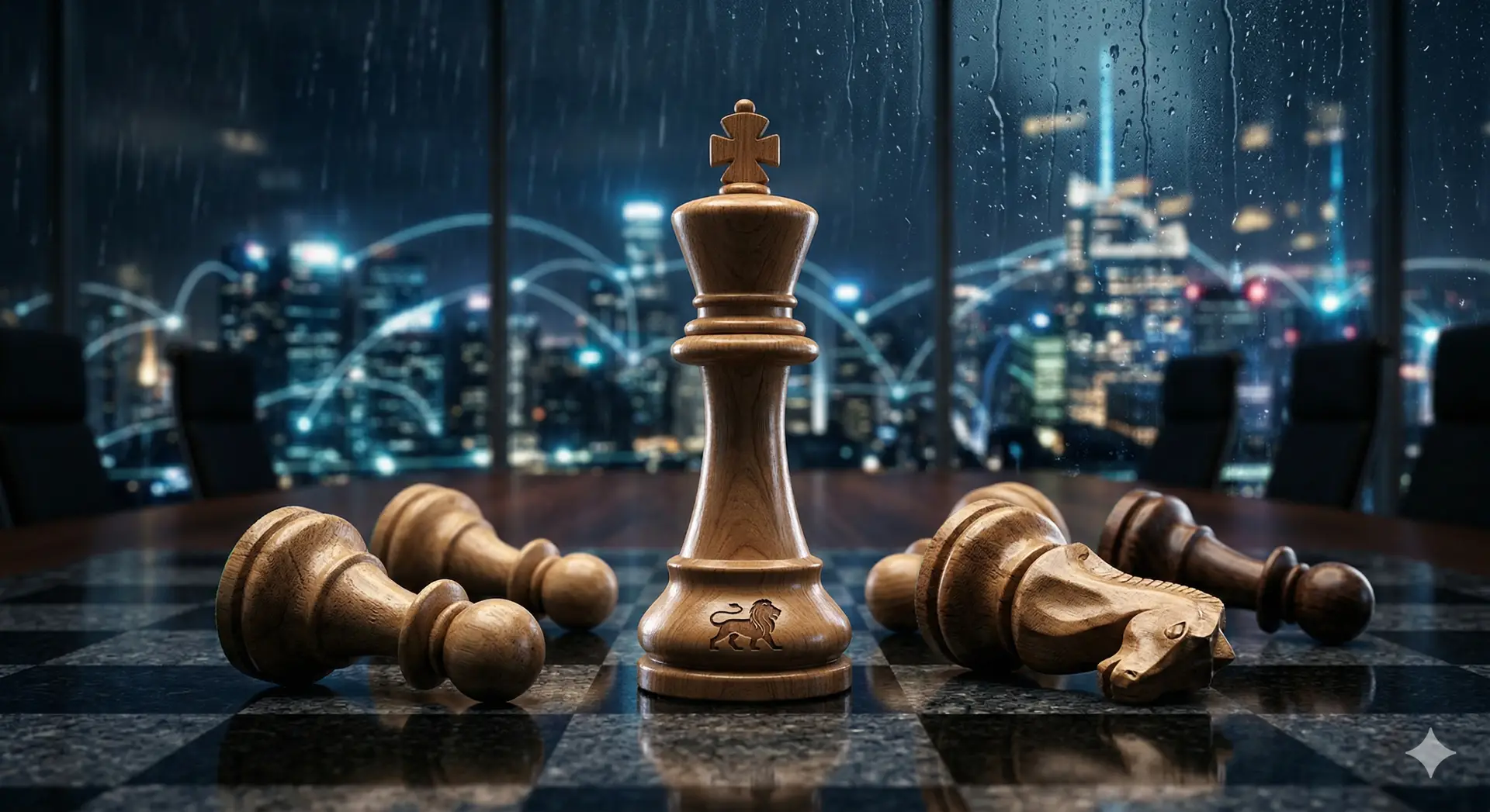 A single wooden king chess piece stands firm on a dark marble chessboard, while multiple other pieces are toppled and scattered around it, symbolizing strategic resilience and risk management in a complex global market