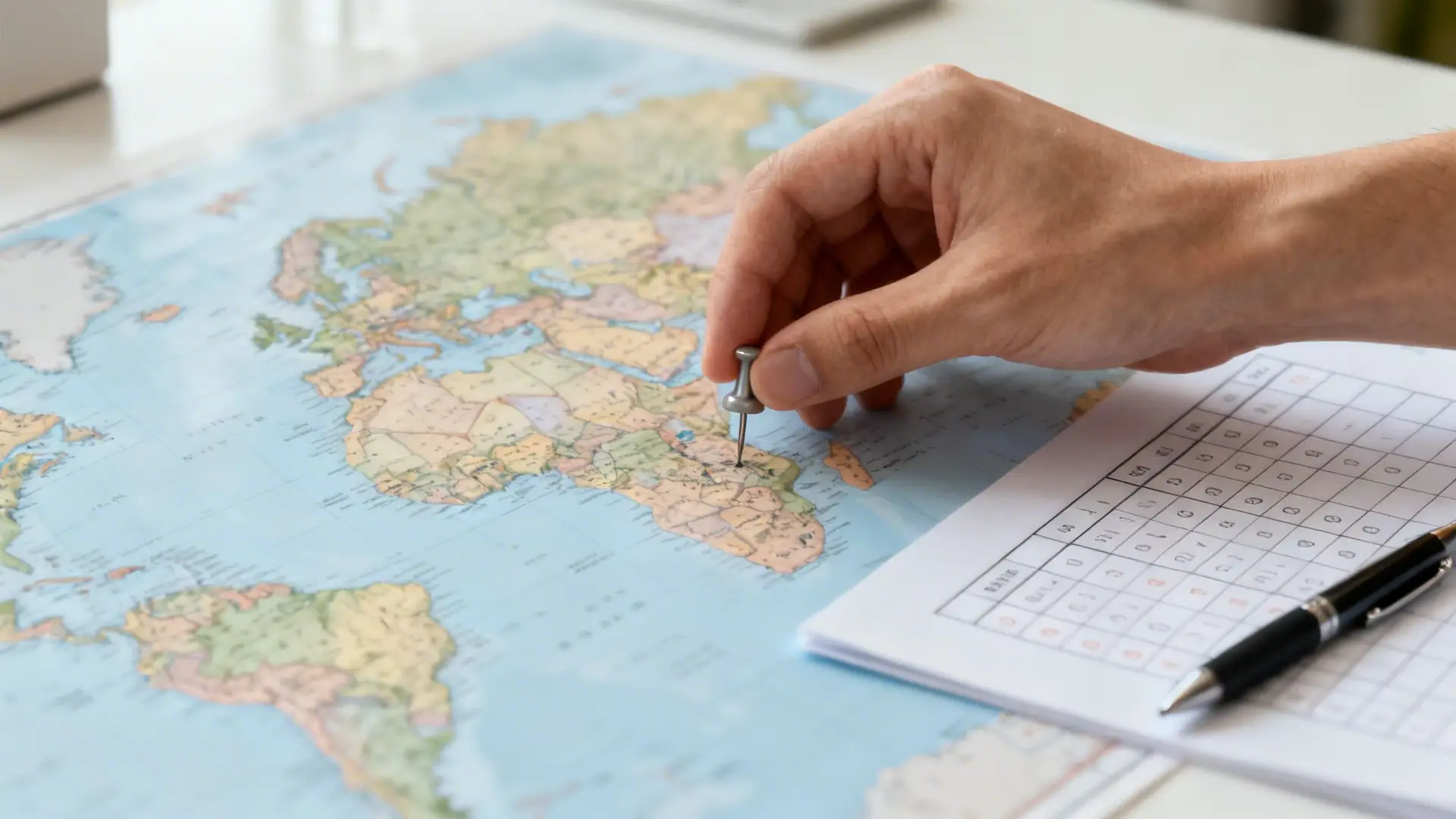 A hand pins a location on a world map of Africa, next to a planning document.
