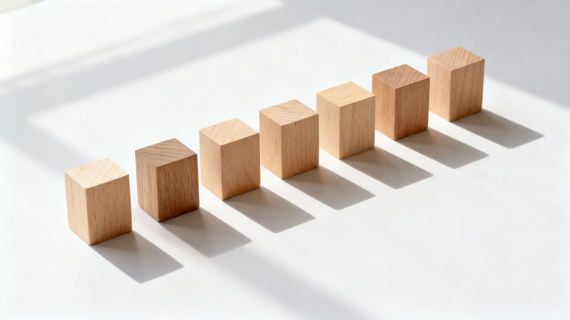 Seven wooden blocks arranged in ascending height on a white surface, symbolizing growth or progress.