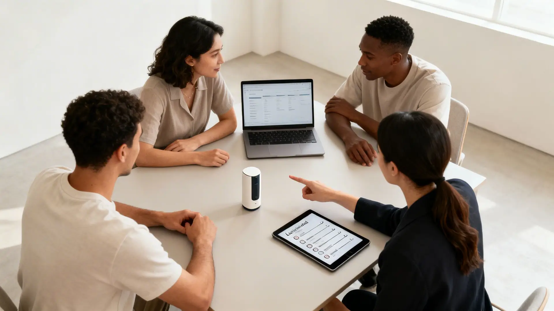 Four diverse people in a modern meeting, collaborating around a table with tech devices.