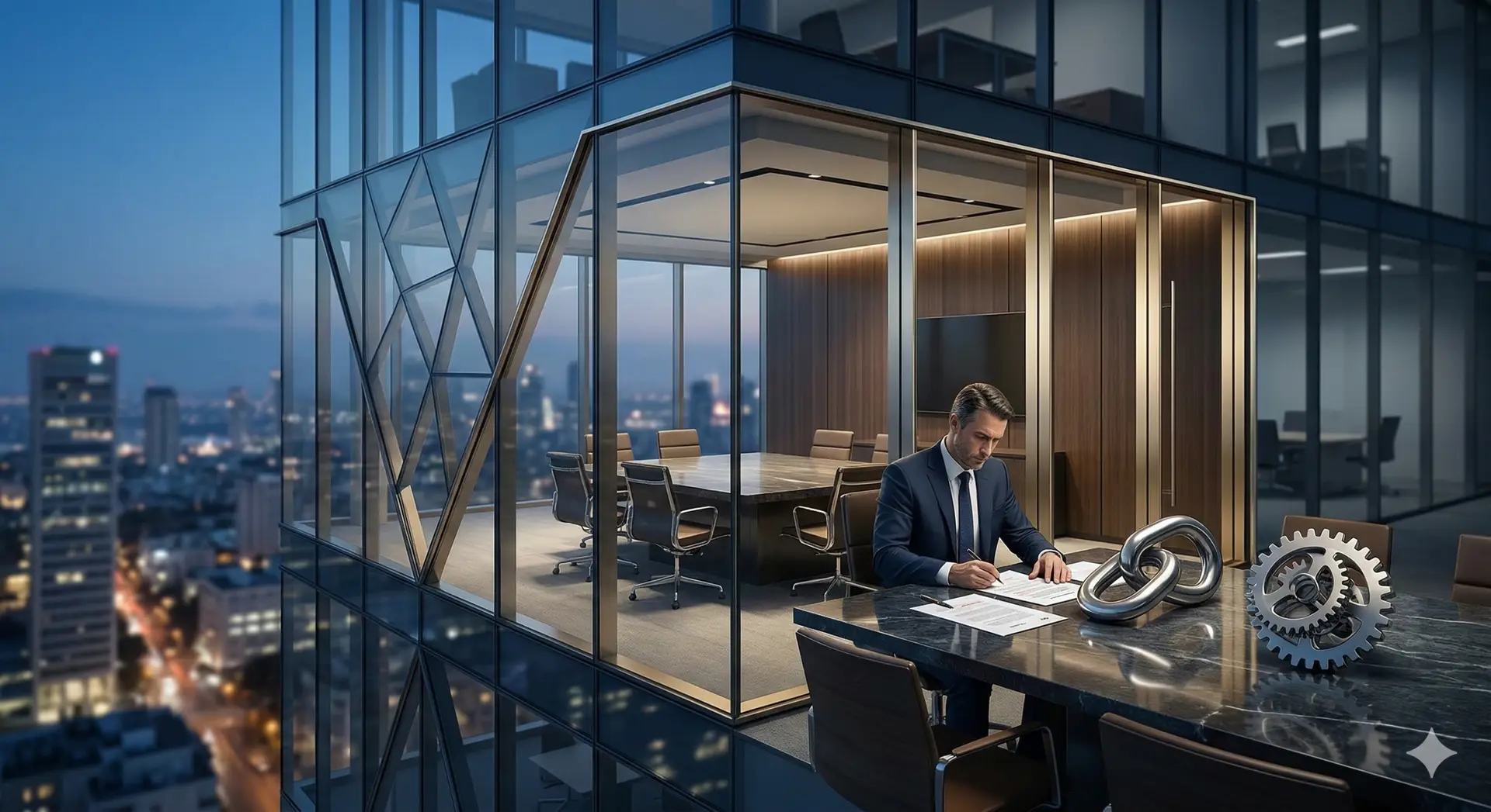 A professional representation of a commercial real estate exclusivity agreement in Israel. The image shows dynamic, blurred diagrams of a high-end office space in a Tel Aviv skyscraper at sunset, symbolizing active marketing and the complex legal definition of an exclusive brokerage contract and consumer protection in 2026.