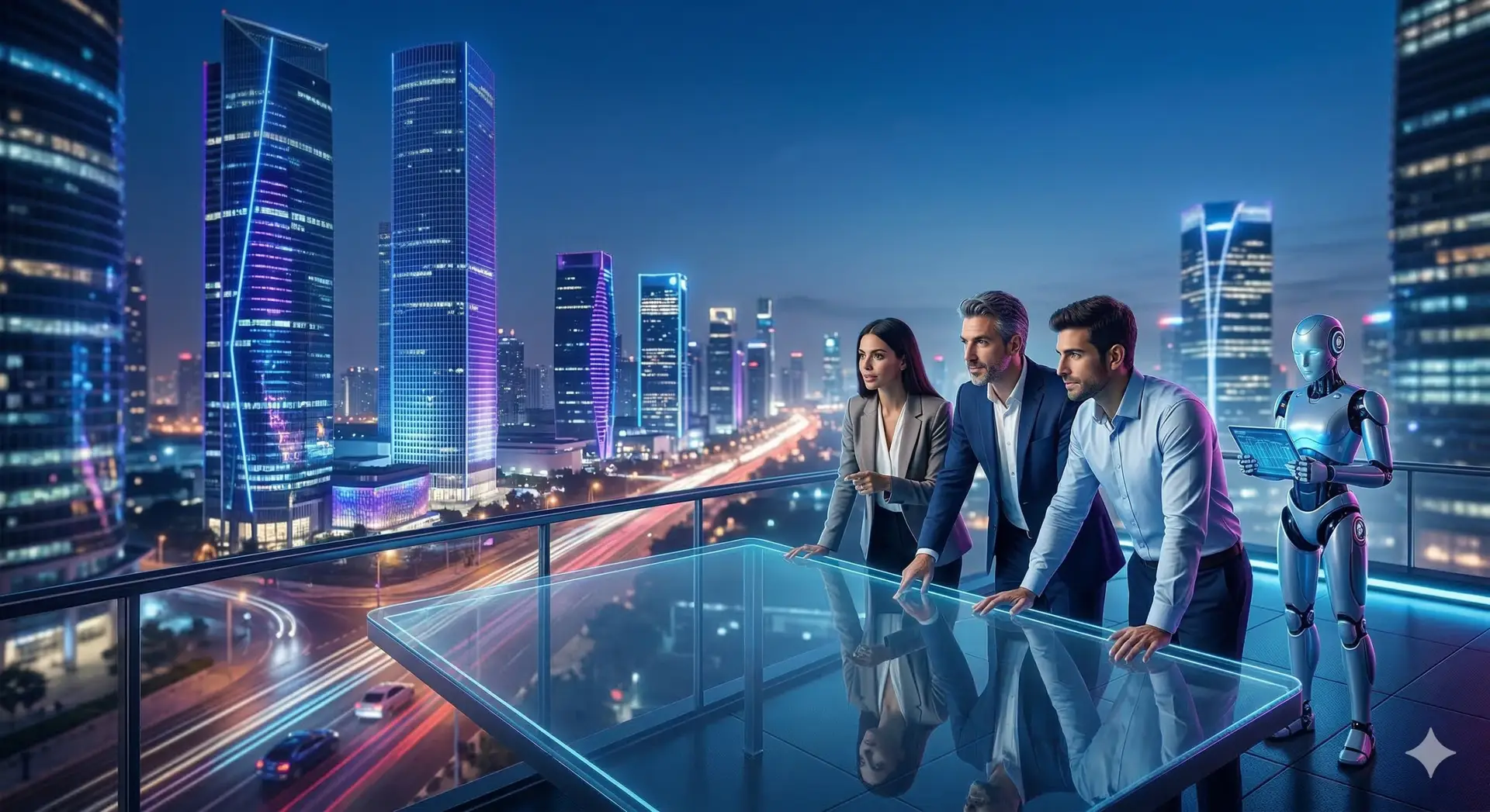 Navigating the Israel fintech regulation landscape in 2026. A team of entrepreneurs examines a holographic map of P2P, Crowdfunding, Capital, and Trust, against the Tel Aviv skyline at night with an advanced robot.
