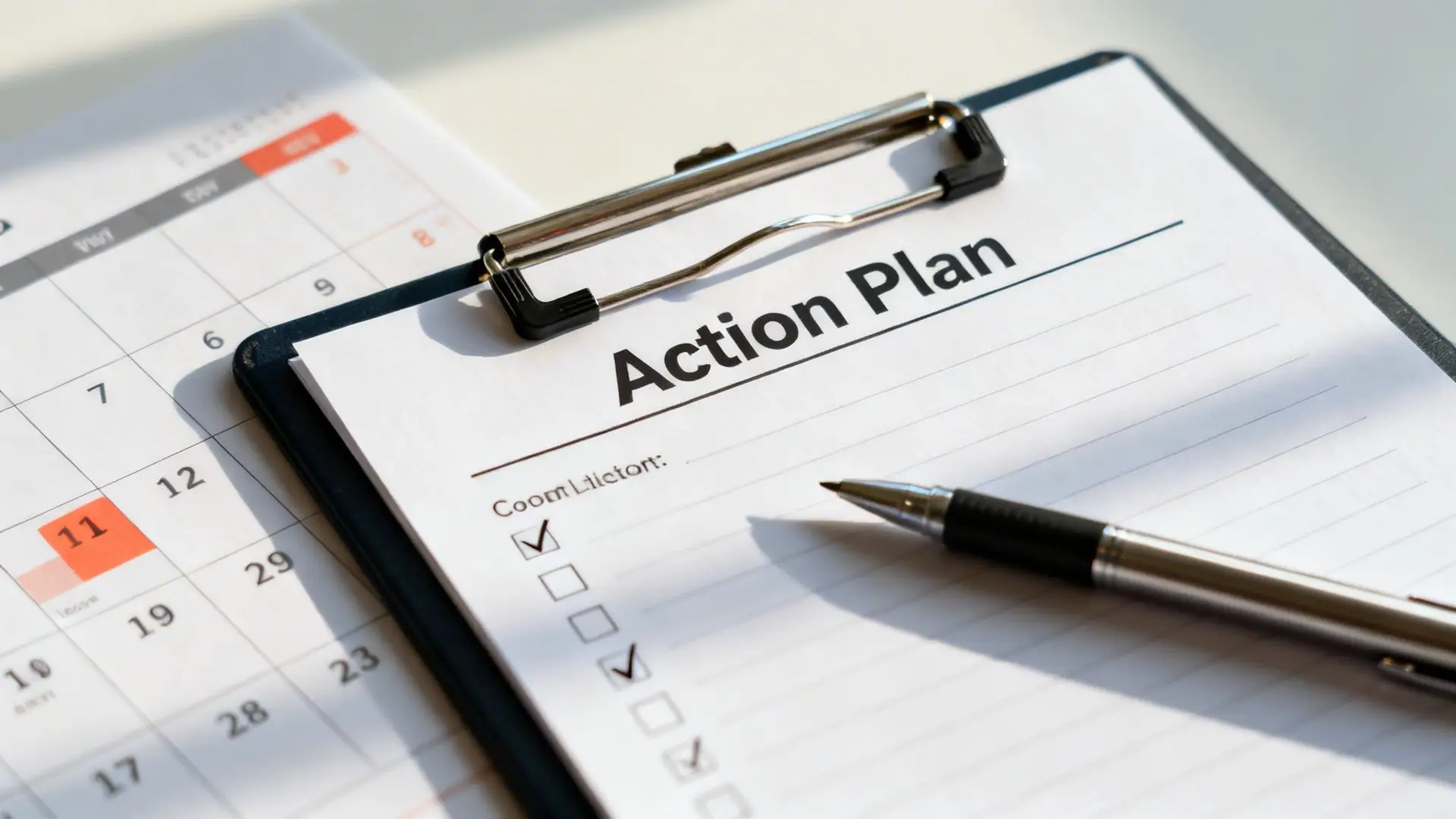 A close-up of an 'Action Plan' checklist on a clipboard with a pen and a calendar, highlighting planning.