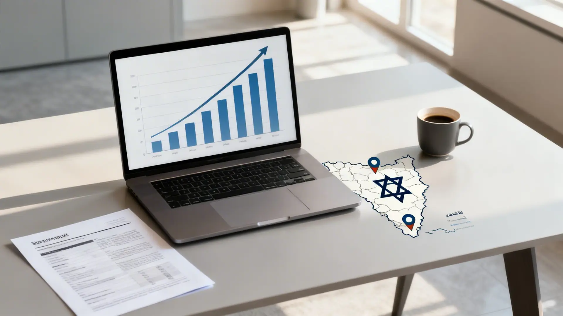 A laptop displays a rising bar graph on a modern desk with a map of Israel, coffee, and documents.