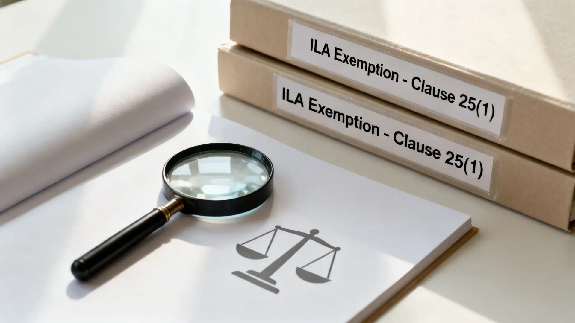 Desk with two 'ILA Exemption' folders, a magnifying glass, and a document showing scales of justice.