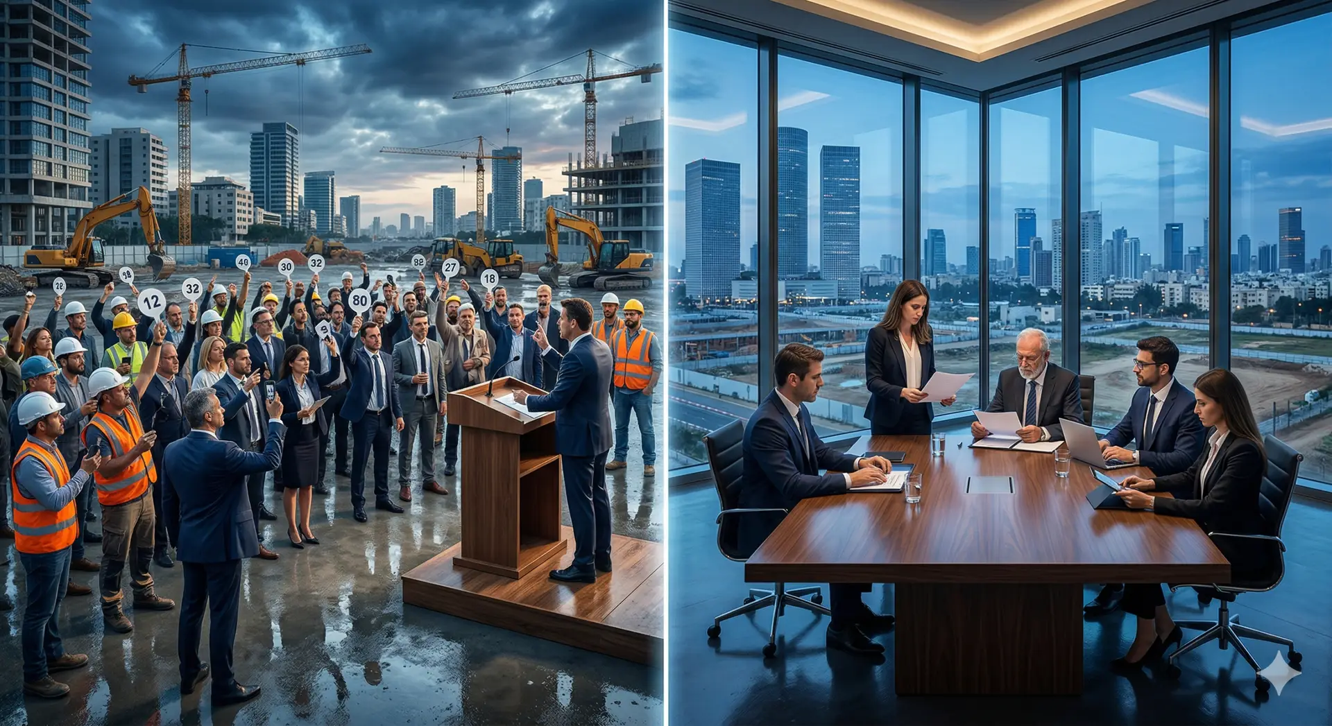 A dramatic split-screen strategic analysis photograph. On the left, an intense outdoor Israel Land Authority tender auction with bidders, construction cranes, and a podium. On the right, a confidential negotiation for ILA exemption notices 2026 in a modern luxury conference room