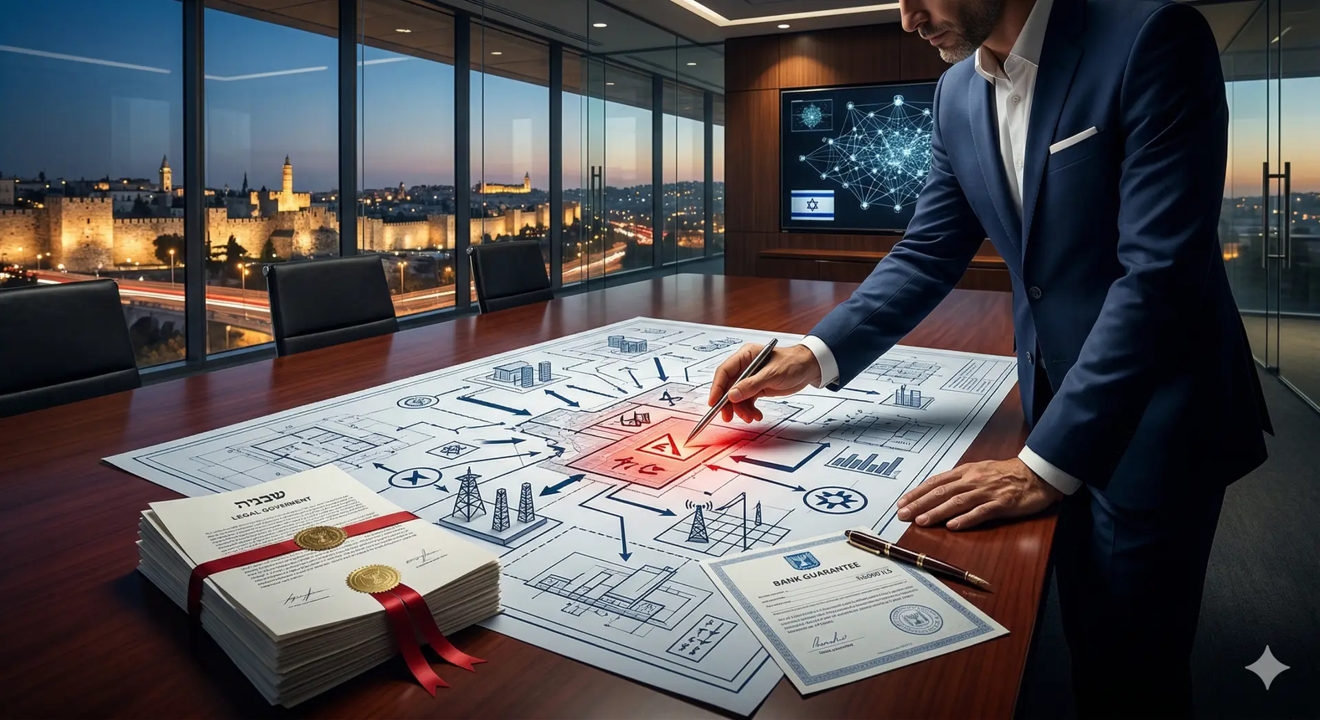 A strategic consultant in a blue suit points to a highlighted risk area on a comprehensive visual map of an Israeli government tender on a boardroom table. The map is surrounded by abstract business symbols and technical data. In the foreground are legally sealed documents with ribbons and a certificate. The background features a large window with a panoramic night view of the illuminated Old City walls of Jerusalem and a screen displaying a network graph with an abstract Israeli flag emblem. The lighting is high-contrast and dramatic
