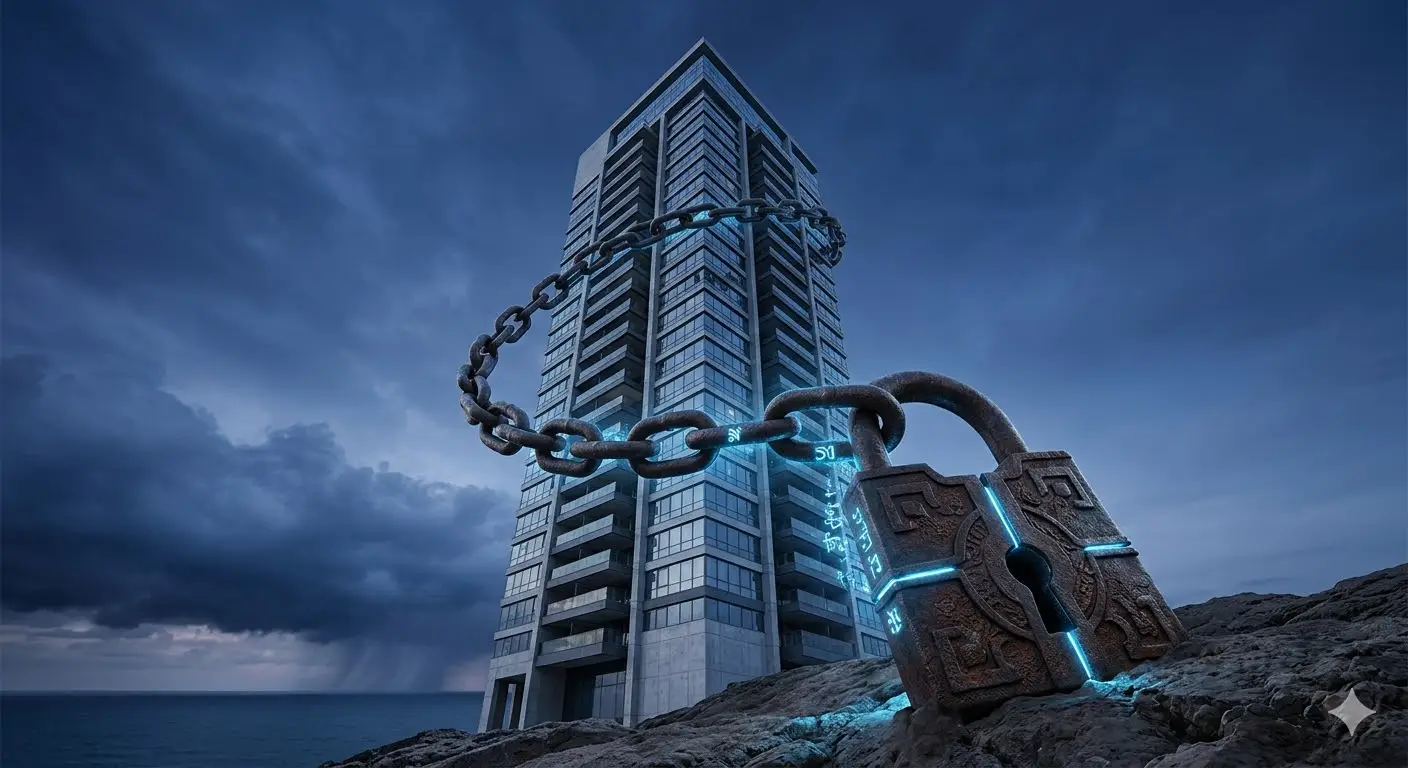 Cinematic 3D animation of a property lien chain on an Israeli luxury building representing municipal debt for foreigners