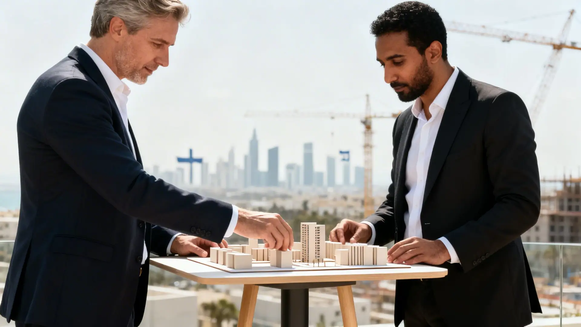 Two businessmen review a detailed building model on a rooftop with a city skyline in the background.