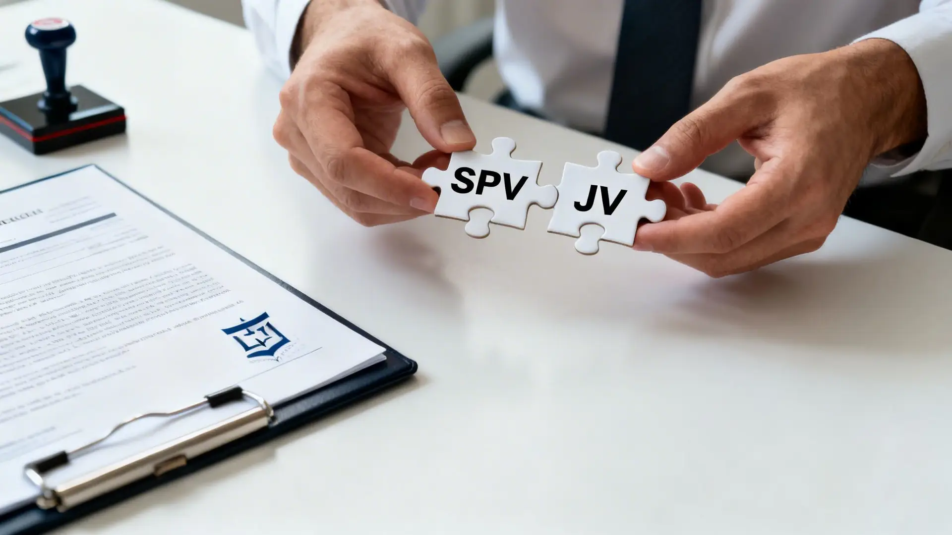 Hands holding SPV and JV puzzle pieces above a desk with business documents, symbolizing collaboration.