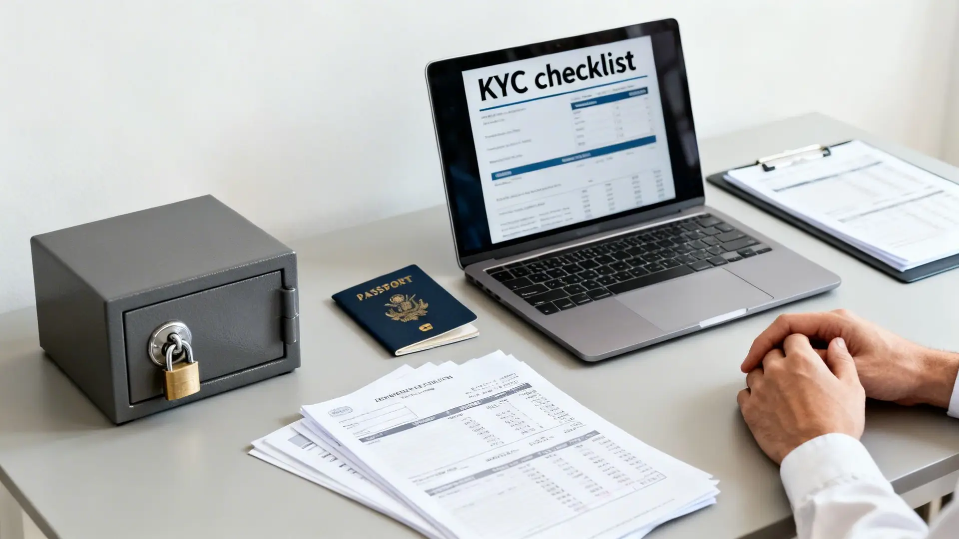 A person reviews a KYC checklist on a laptop, with a passport, safe, and documents on a desk.