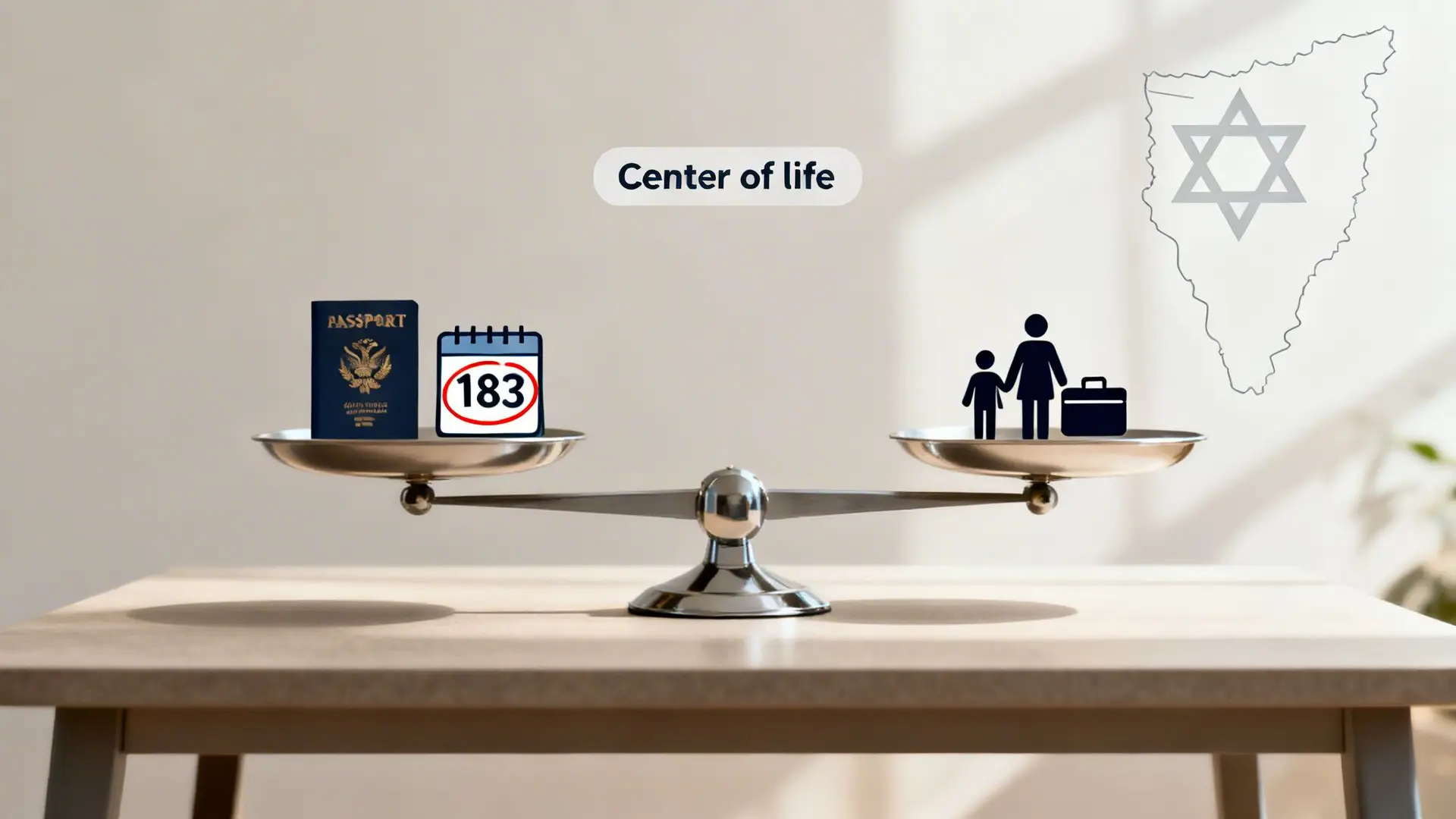 Balance scale with passport, 183-day calendar vs. family, work, signifying 'Center of life' for Israel tax.