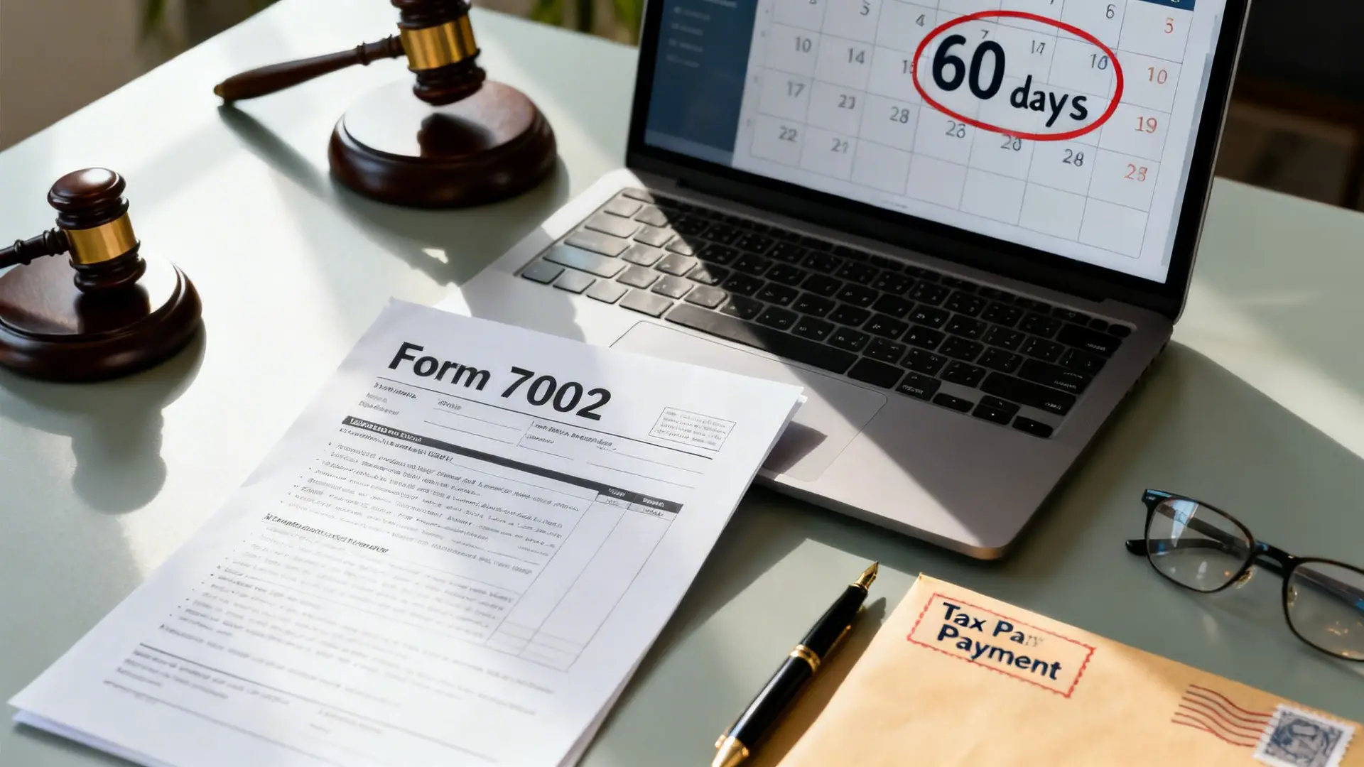 A desk with tax forms, a laptop showing a 60-day deadline, gavels, and a 'Tax Payment' envelope.