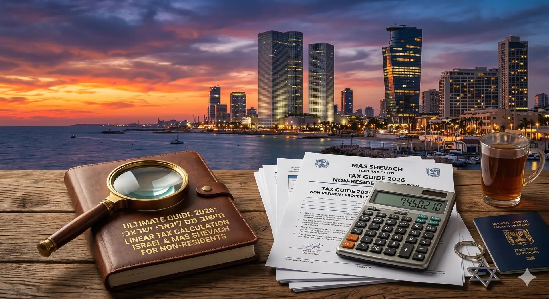 Ultimate 2026 guide for linear tax calculation in Israel and Mas Shevach for non-residents, featuring a calculator, legal documents, and Tel Aviv skyline background.