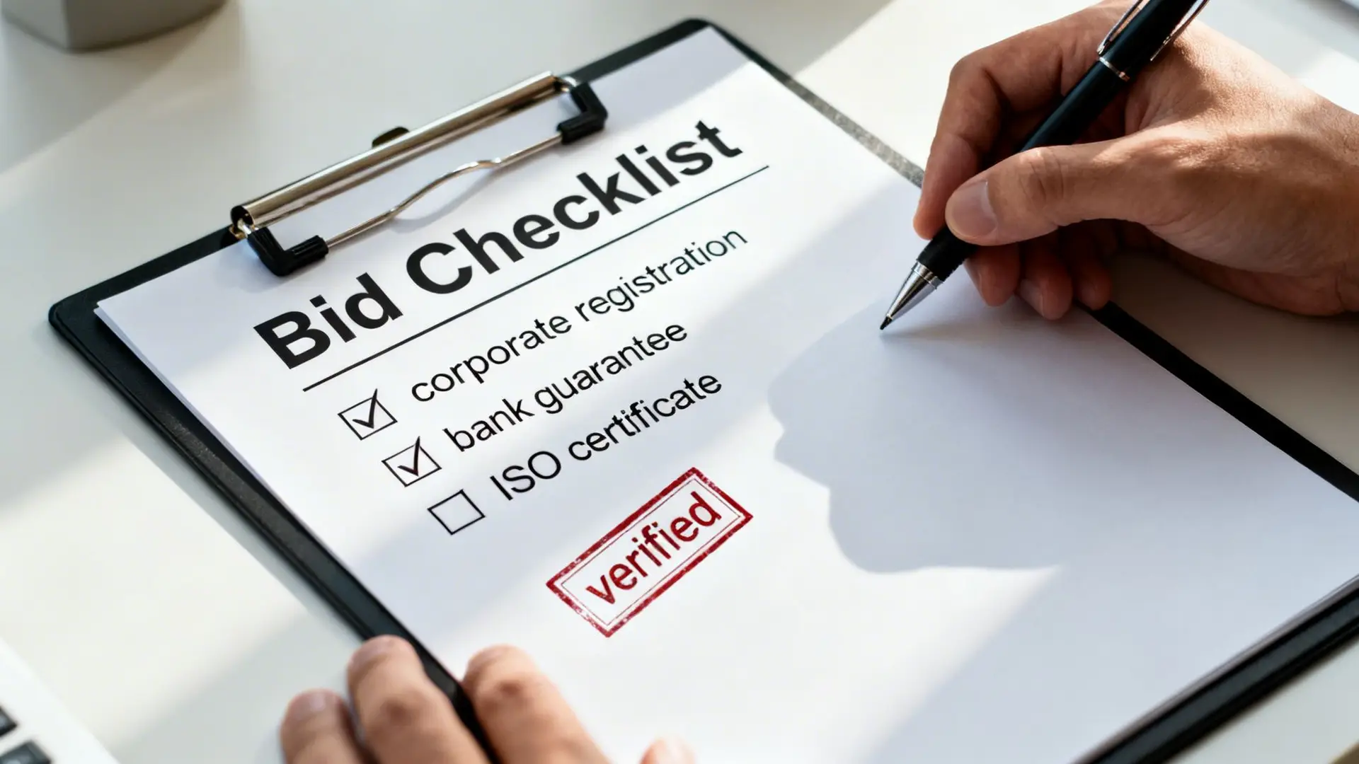 A close-up of a hand with a pen checking a 'Bid Checklist' with 'verified' stamp.