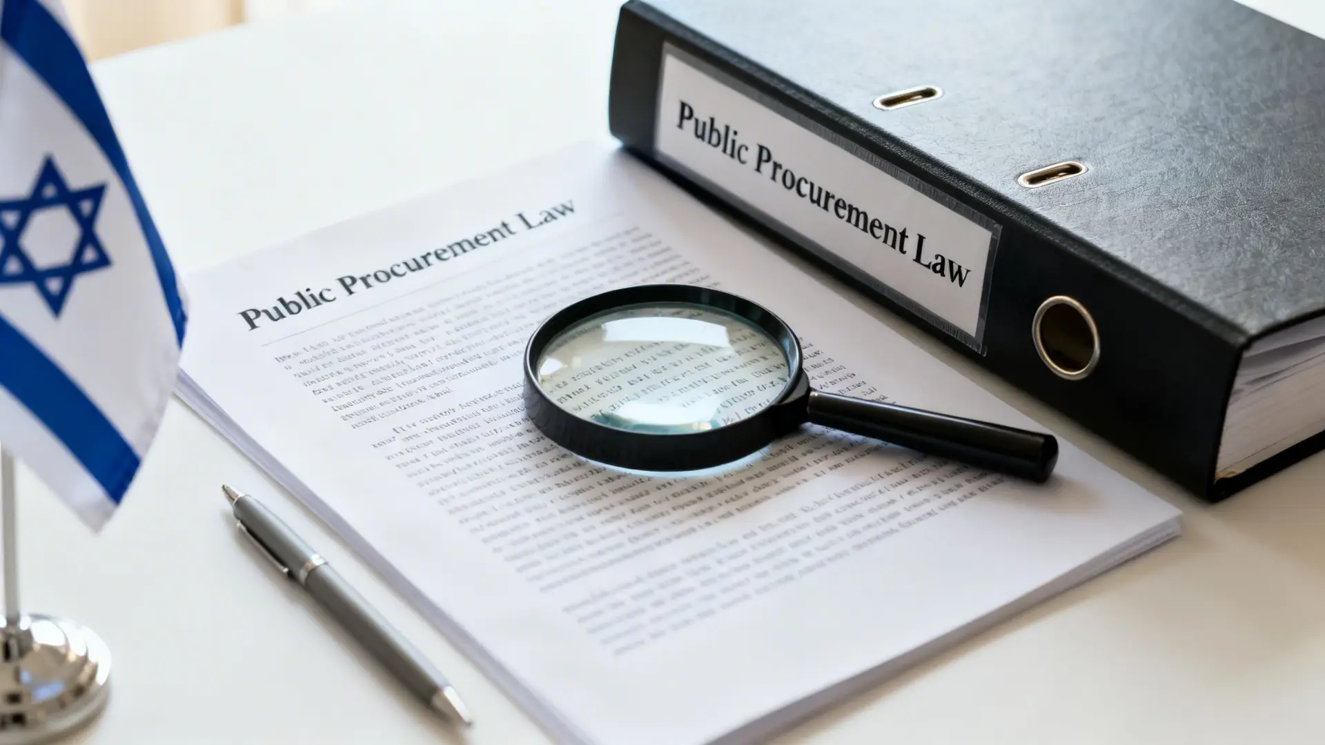 A magnifying glass on a document titled 'Public Procurement Law' next to an Israeli flag and binder.