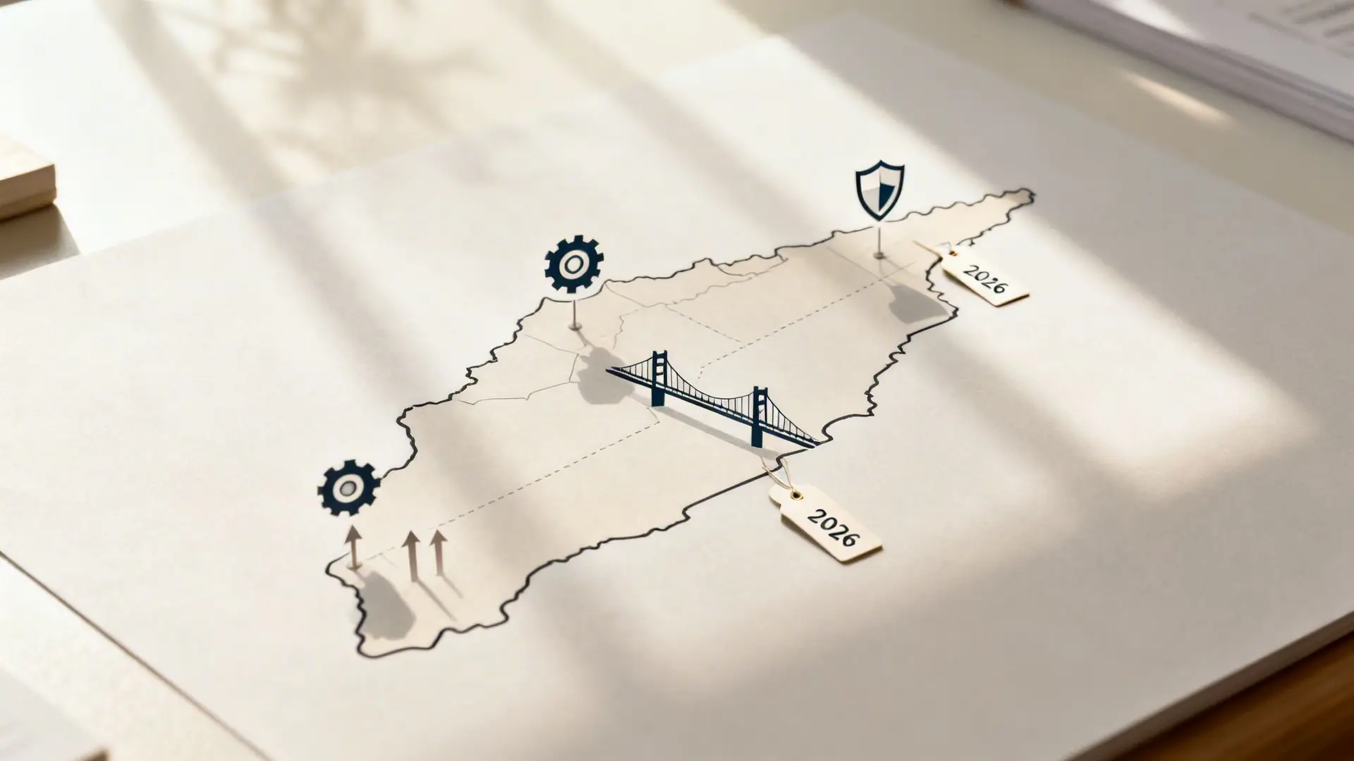 Paper map outlining a strategic plan with gear, shield, bridge icons, and '2026' date tags.
