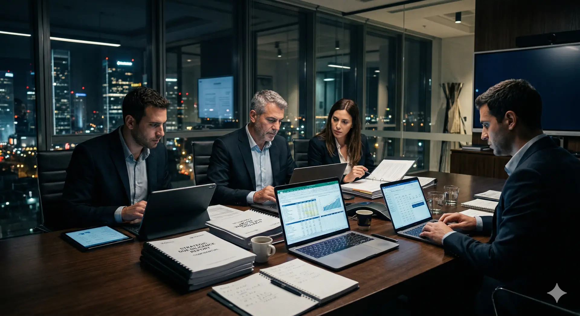 A team of experts conducting a comprehensive financial and legal due diligence process for a Mergers and Acquisitions (M&A) deal as part of a strategic risk mitigation analysis