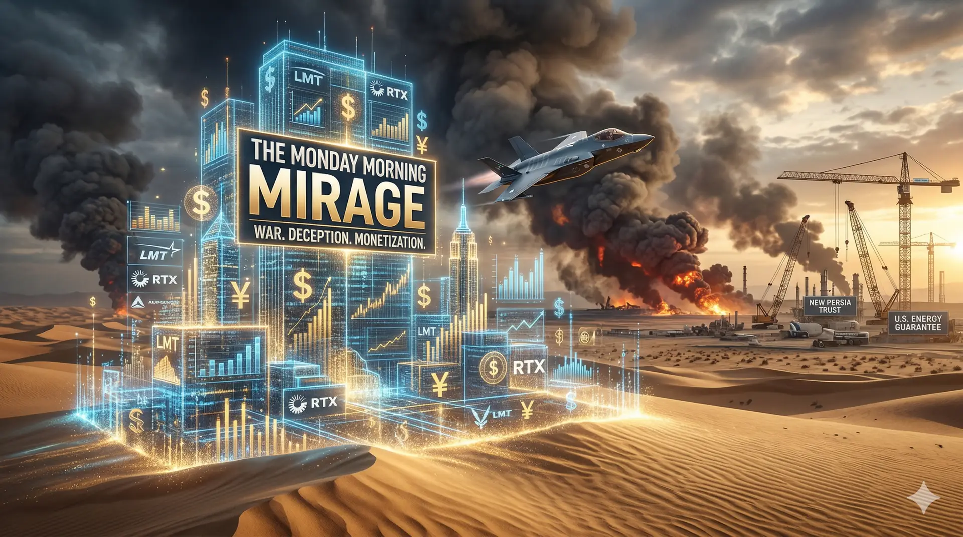 An impressive social media image for a white paper on geopolitical and financial warfare. It shows a glowing blue financial hologram of a futuristic city in a desert with the central text 'THE MONDAY MORNING MIRAGE' and 'WAR, DECEPTION, MONETIZATION.' An F-35 jet flies through smoke from a burning oil field. Construction cranes with buildings display text: 'NEW PERSIA TRUST' and 'U.S. ENERGY GUARANTEE.' Logos include LMT, RTX, and currency symbols