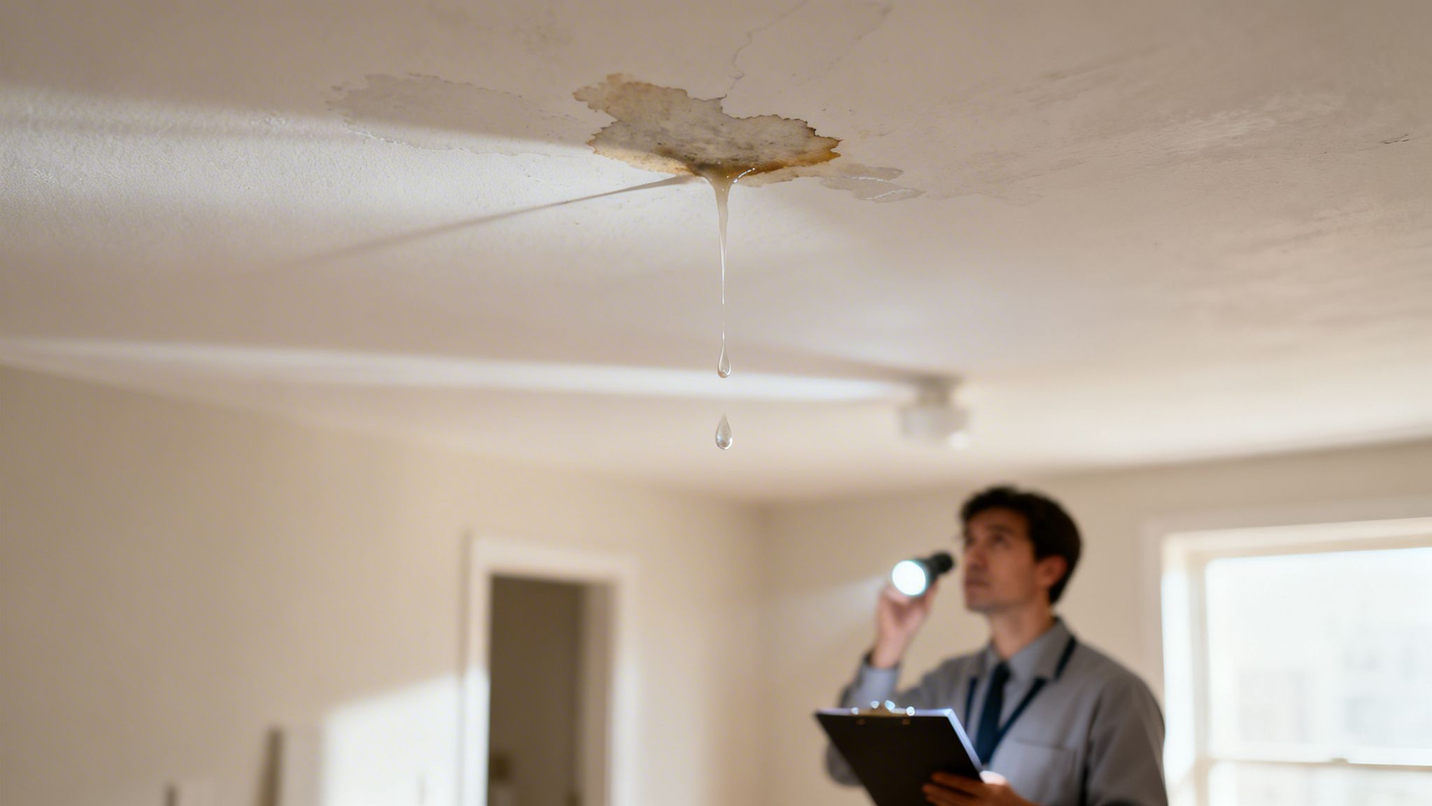 A home inspector uses a flashlight to examine a ceiling with a significant water leak and stains.