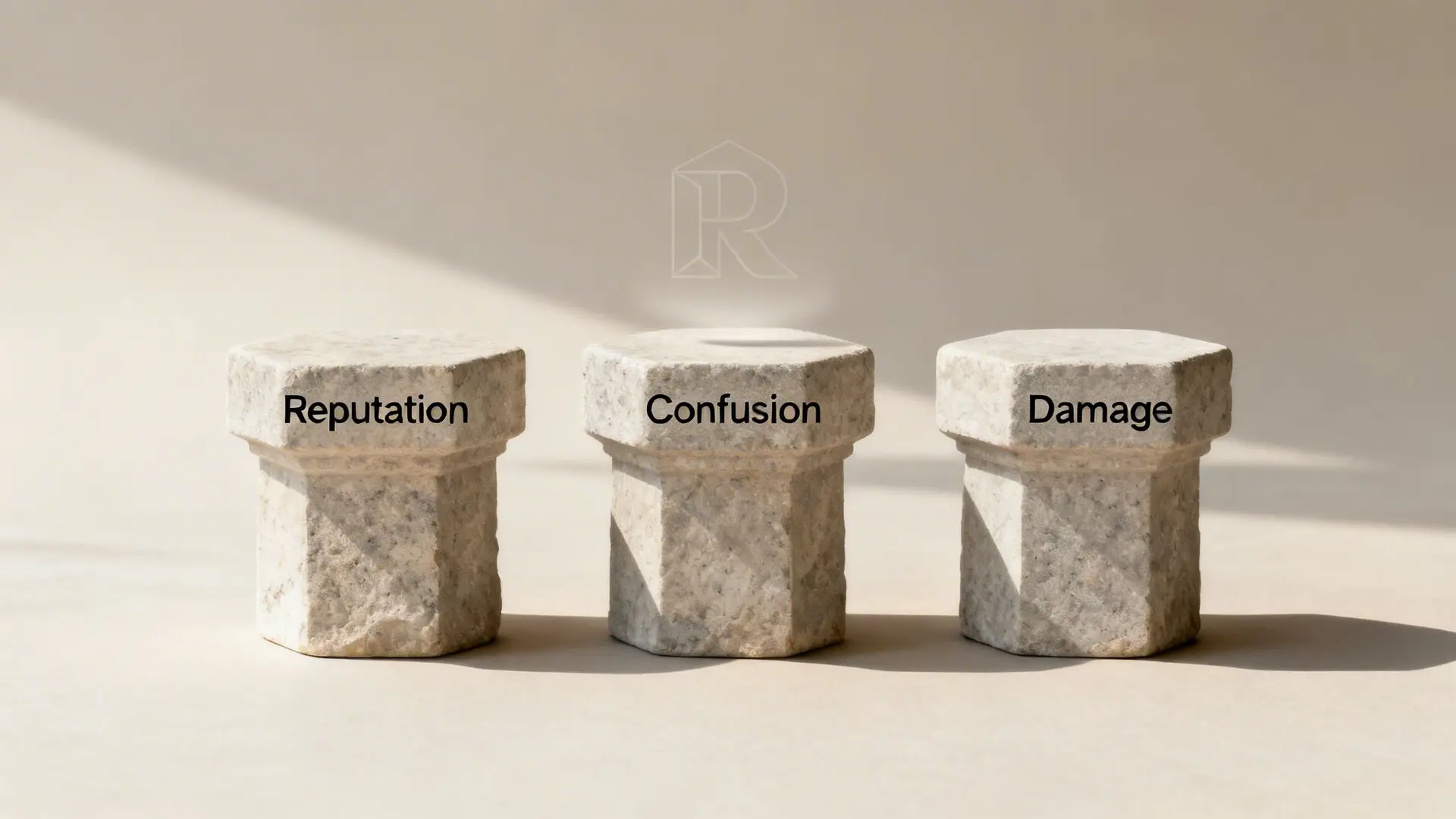 Three stone pedestals displaying the words 'Reputation,' 'Confusion,' and 'Damage' in order.