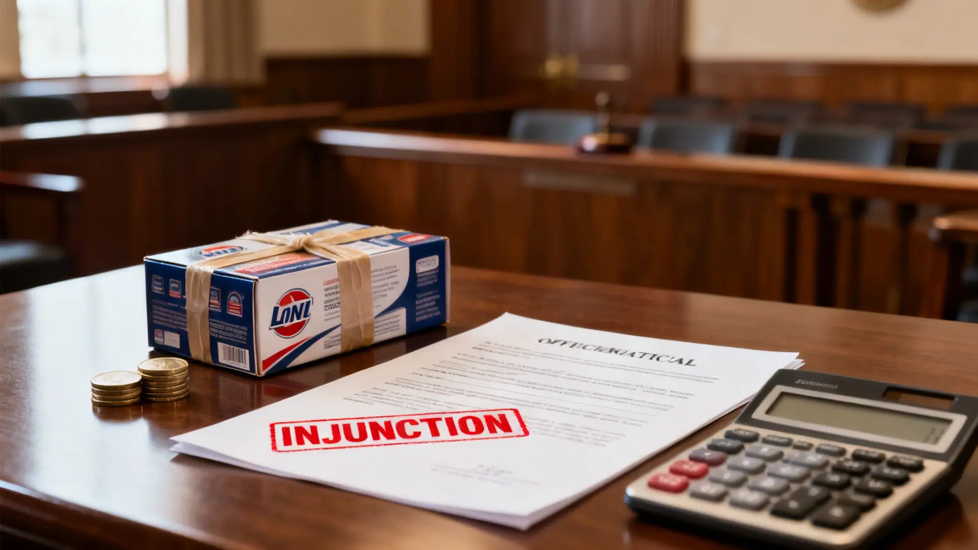 A legal injunction document, calculator, money, and a branded product box on a wooden desk in a courtroom setting.