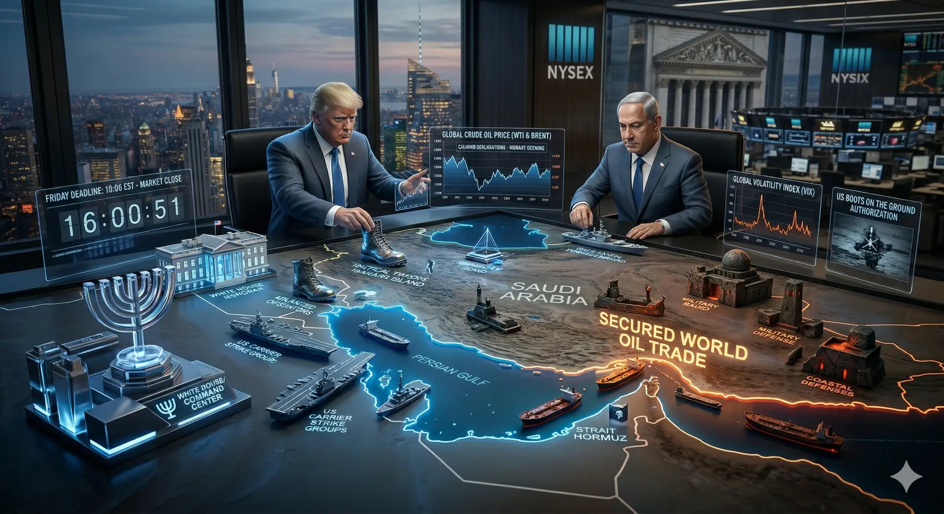 Donald Trump and Benjamin Netanyahu sitting opposite each other in a futuristic, high-tech war room overlooking a nighttime city skyline. They are actively strategizing over a large, glowing holographic map of the Middle East, manipulating miniature military assets like ships and boots. Floating digital screens display global crude oil prices, a volatility index, and a countdown timer to market close