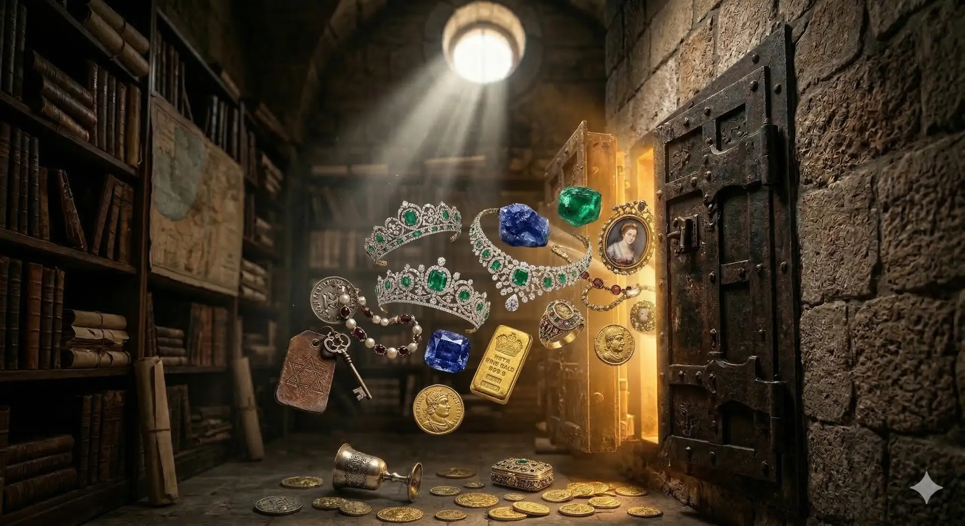 A surreal, dramatic illustration showing a flowing cascade of unclaimed Israeli assets, including jewelry, diamonds, gold coins, and historical family heirlooms, spilling out from a heavy, ancient iron vault door into a dimly lit library filled with old archives. Sunlight from a round window highlights the treasures, which include a silver Kiddush cup and a tag with a Star of David.